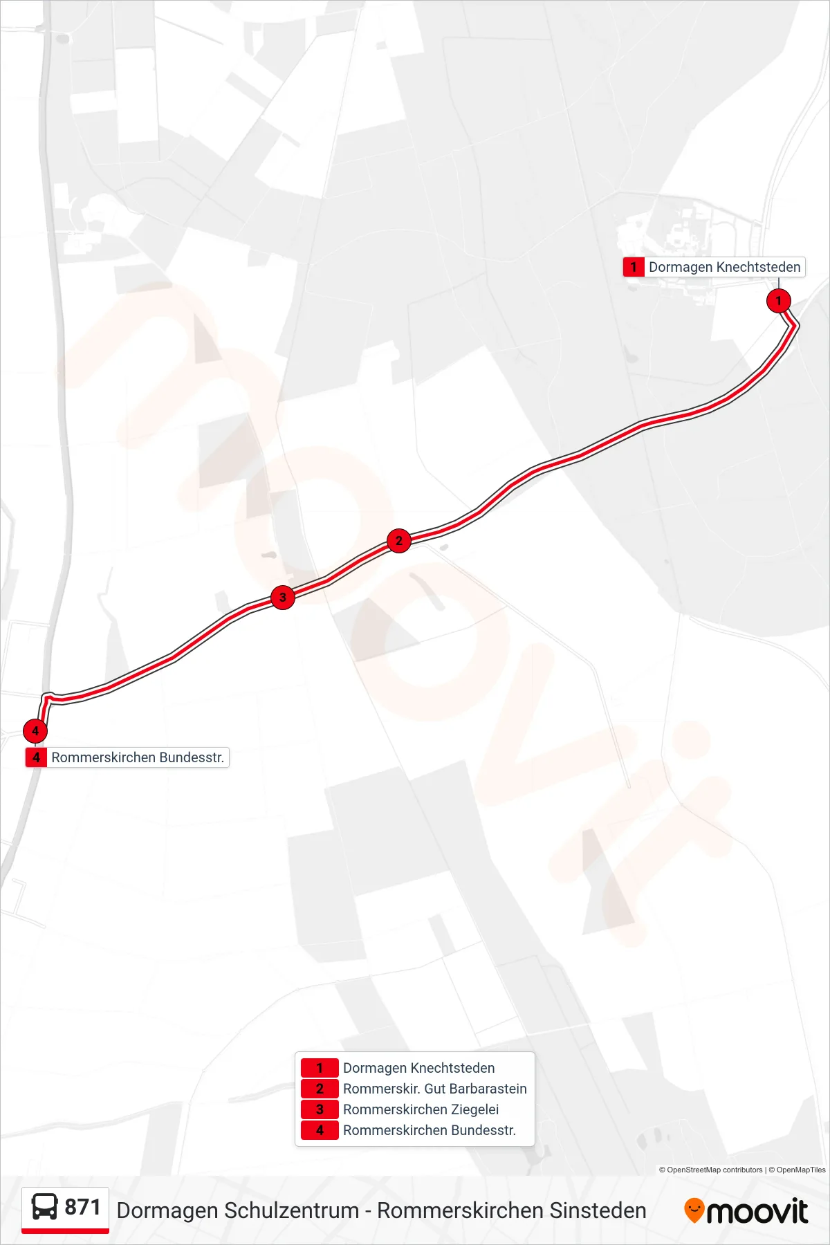 Linie 871 (Bus) Richtung Rommerskirchen Bundesstr.: Route und Haltestellen auf der Karte