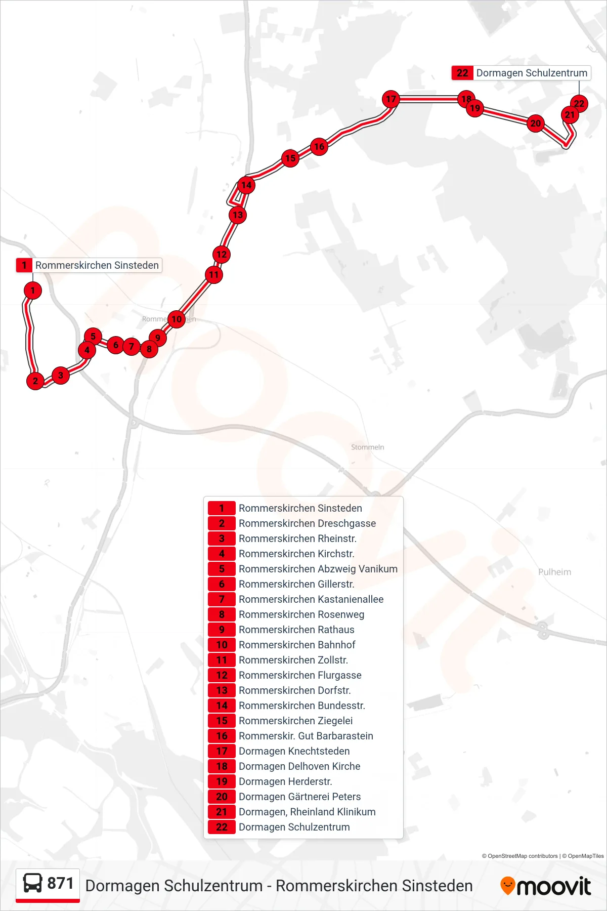 871 bus Line (Dormagen Schulzentrum) route and stops on a map