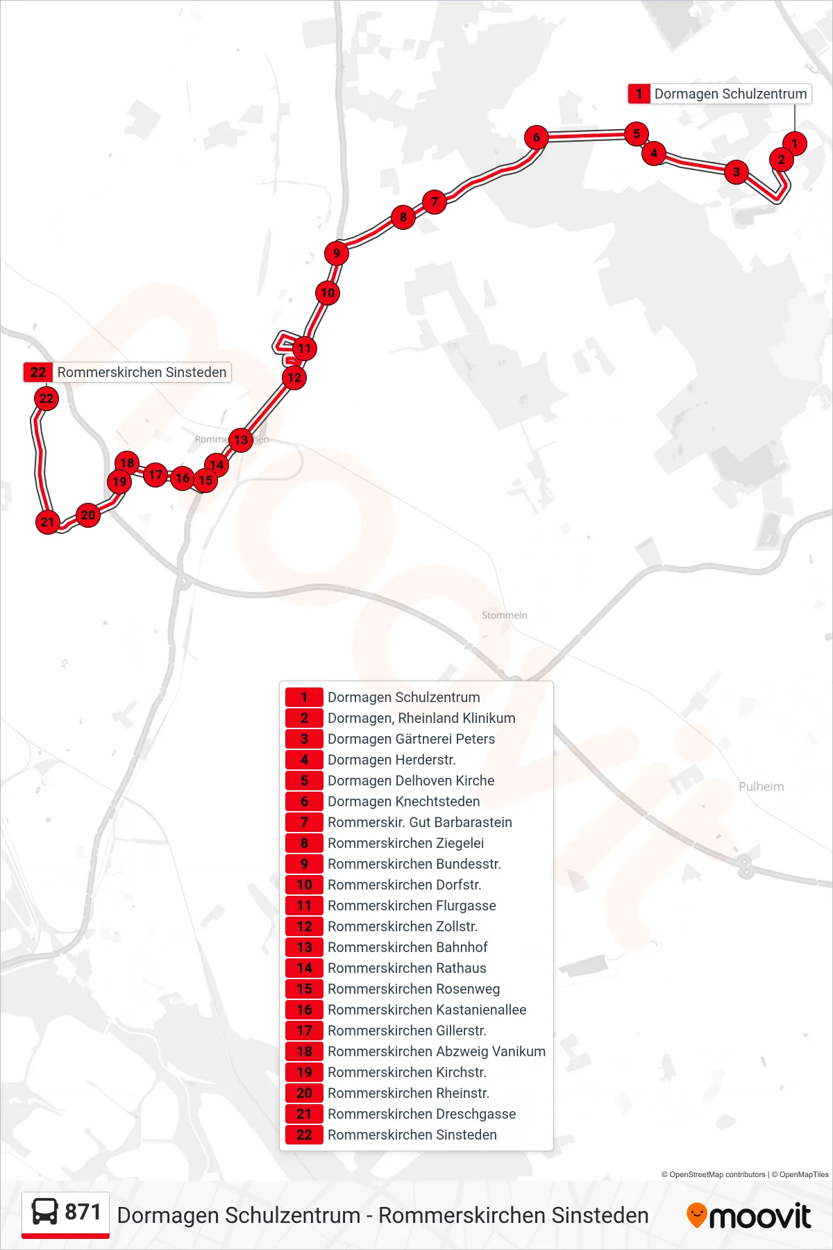 Linie 871 (Bus) Richtung Rommerskirchen Sinsteden: Route und Haltestellen auf der Karte