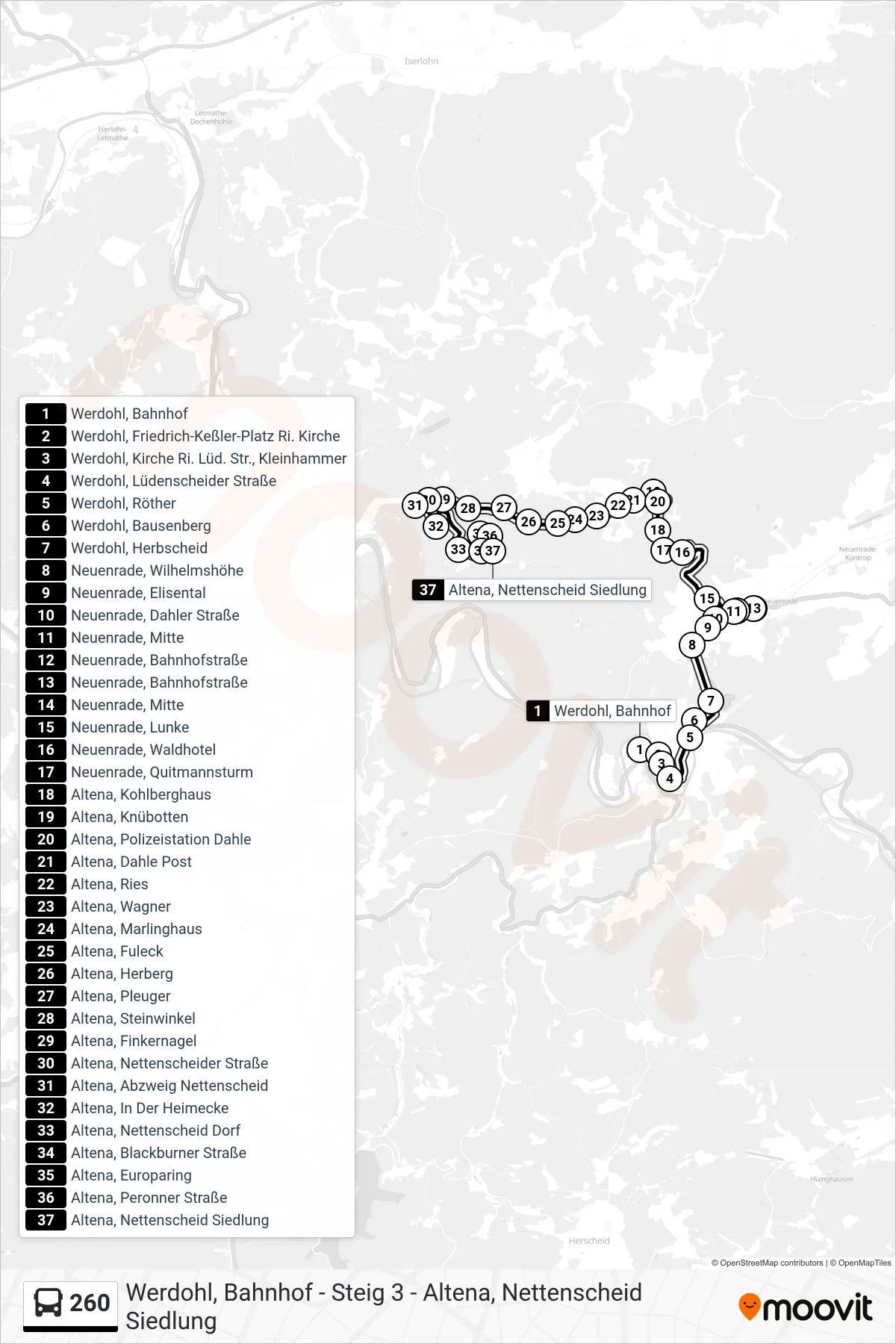 260 bus Line (Altena, Nettenscheid Siedlung) route and stops on a map