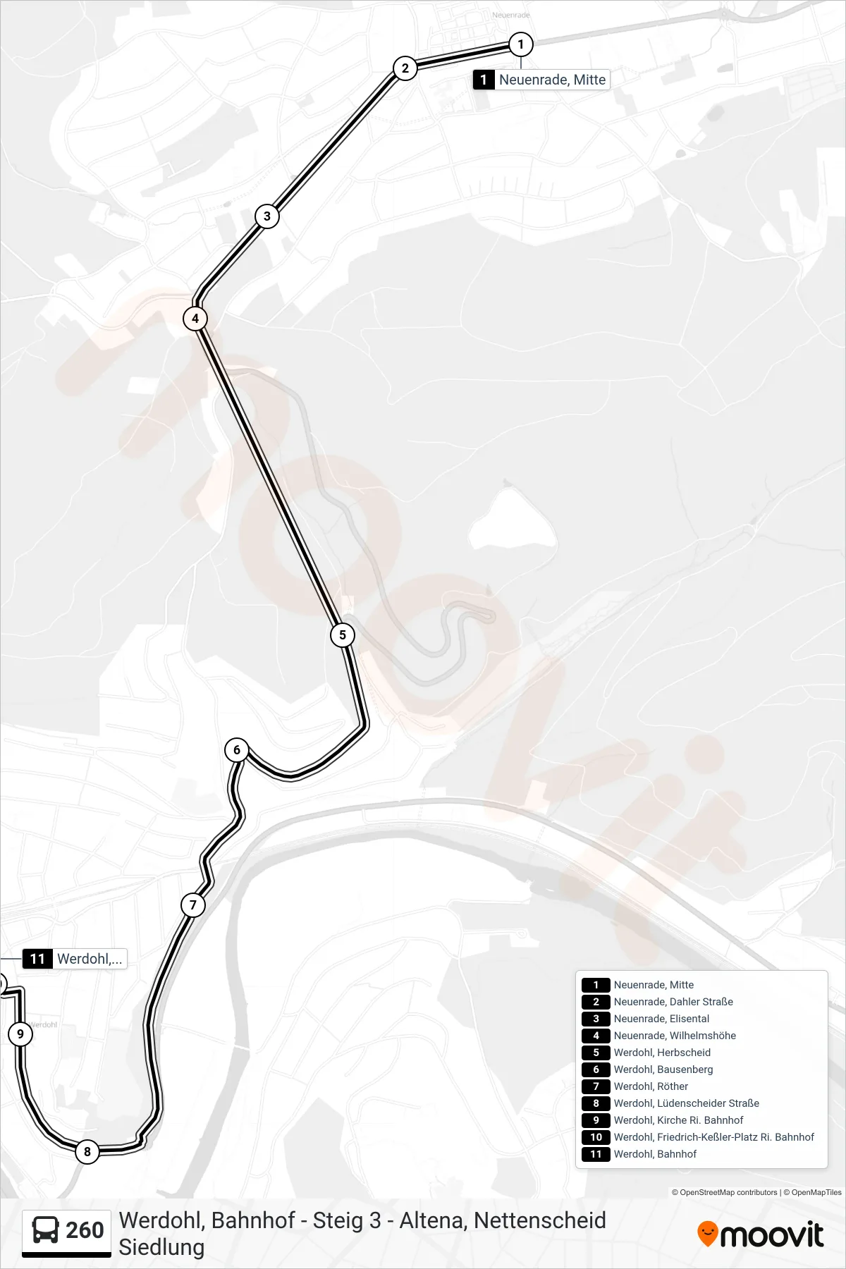 Linie 260 (Bus) Richtung Werdohl, Bahnhof - Steig 1: Route und Haltestellen auf der Karte