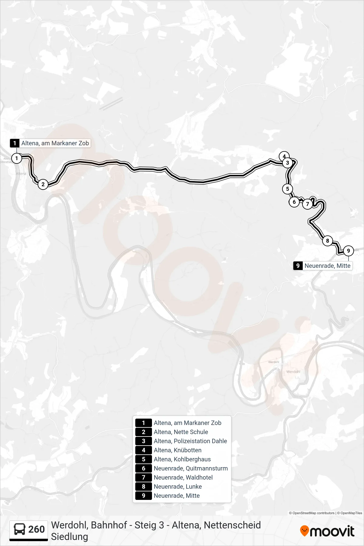 Linie 260 (Bus) Richtung Neuenrade, Mitte: Route und Haltestellen auf der Karte