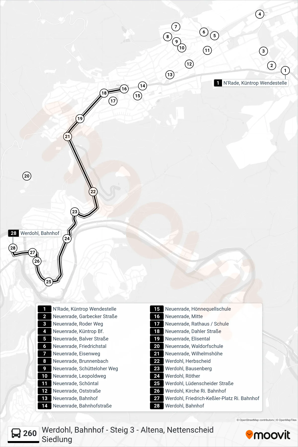 260 bus Line (Werdohl, Bahnhof - Steig 3) route and stops on a map