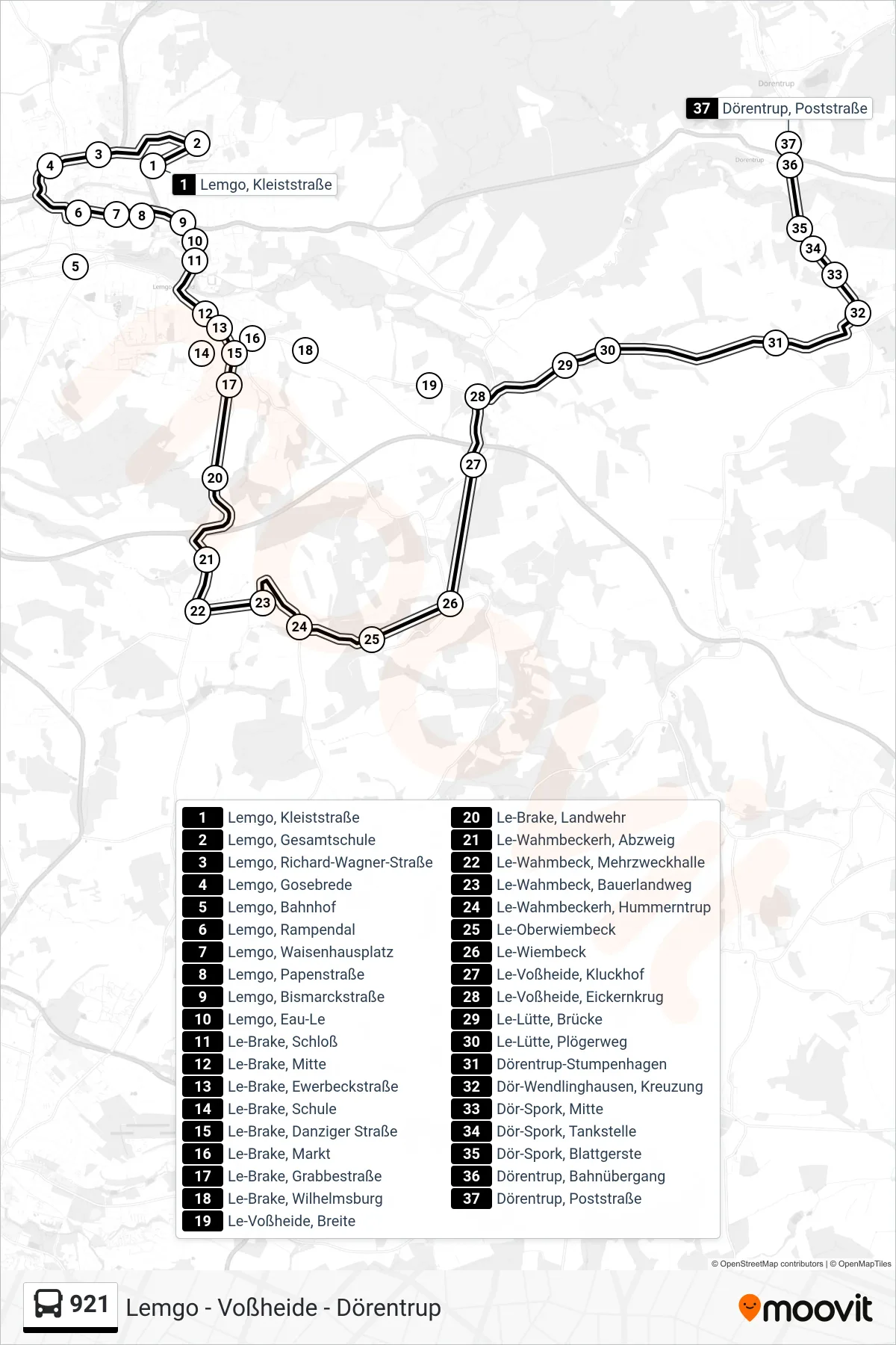 921 bus Line (Dörentrup) route and stops on a map