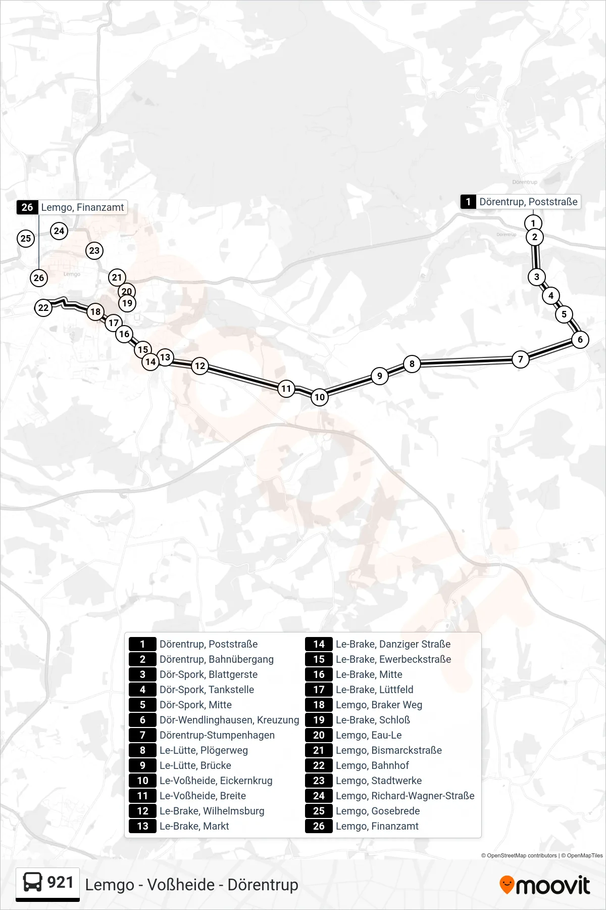 921 bus Line (Lemgo) route and stops on a map