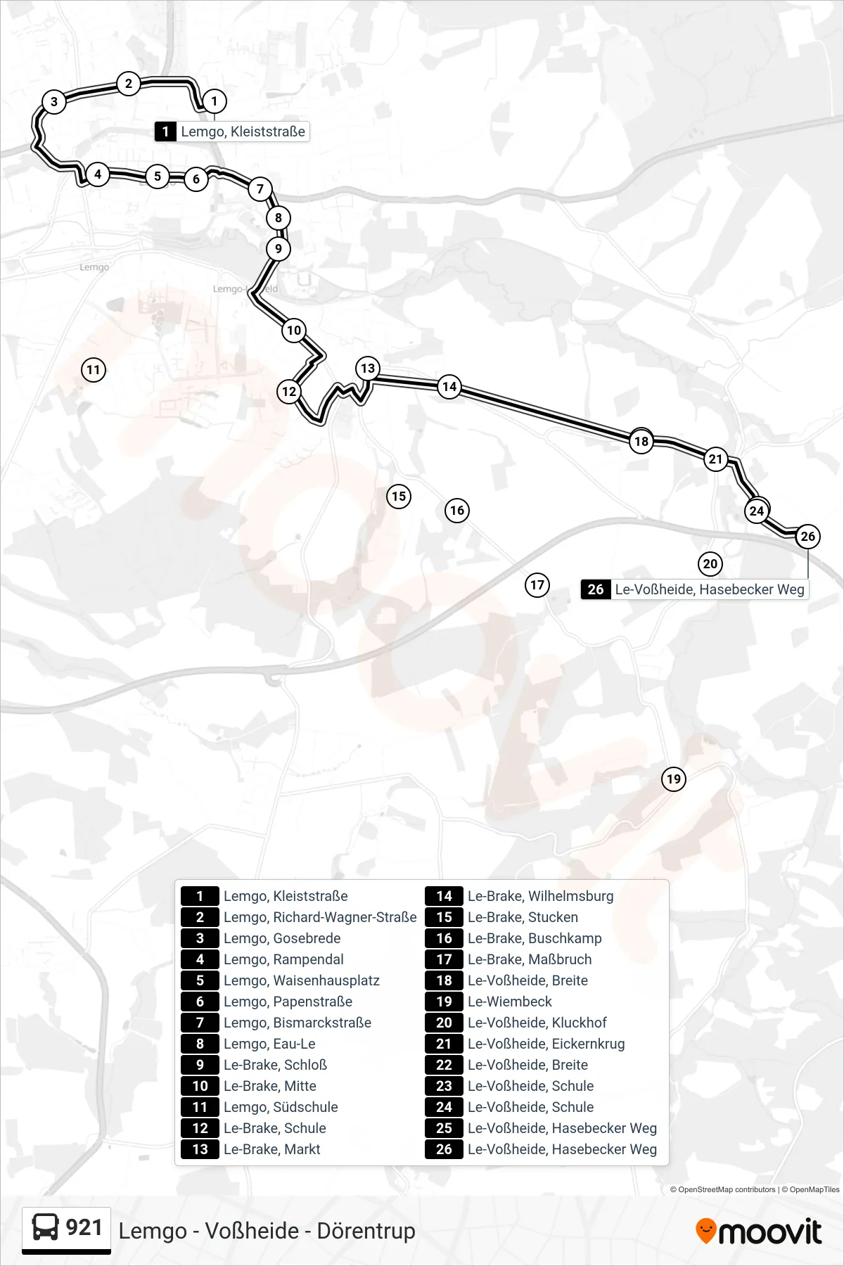 921 bus Line (Lemgo) route and stops on a map