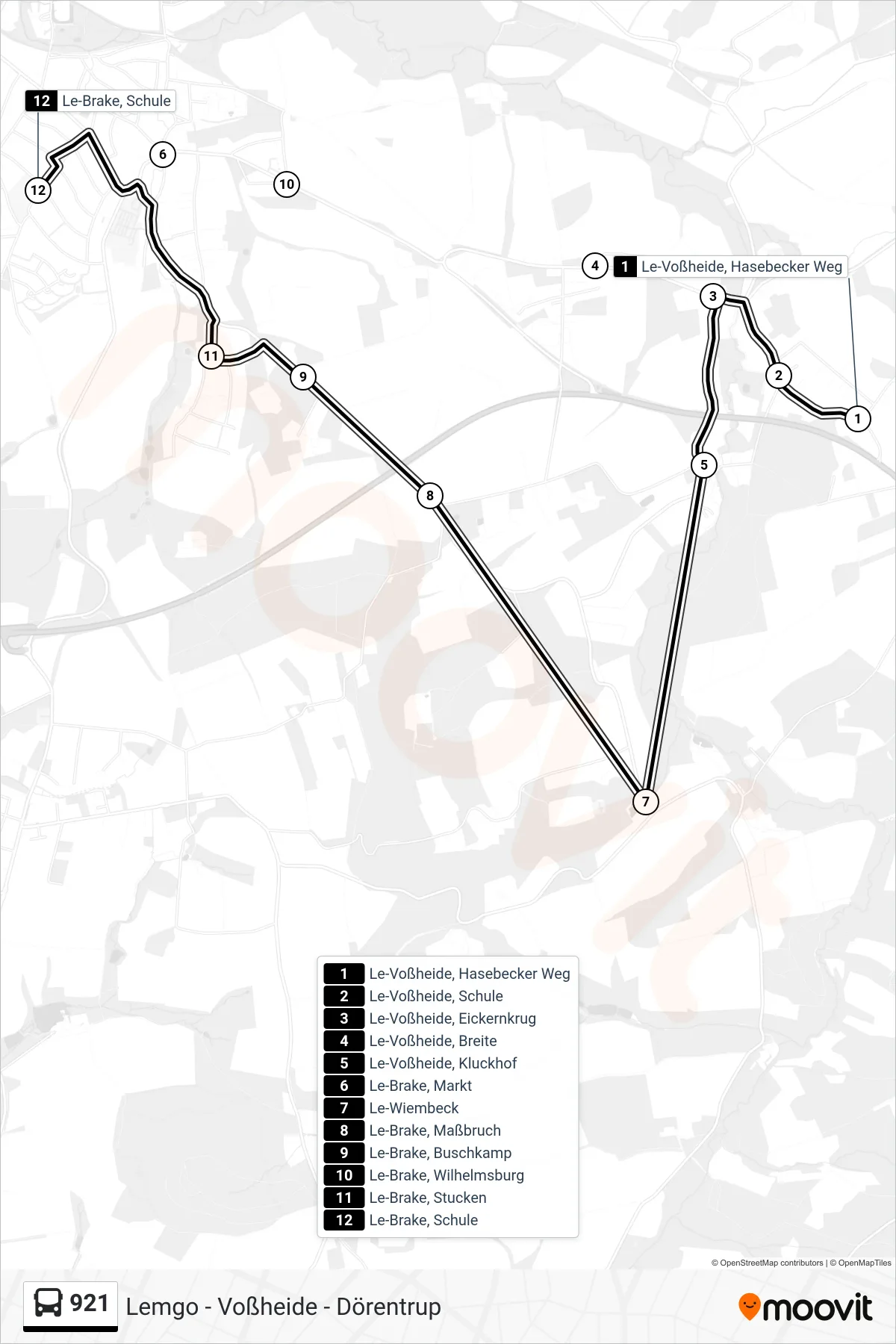 921 bus Line (Brake Schule) route and stops on a map