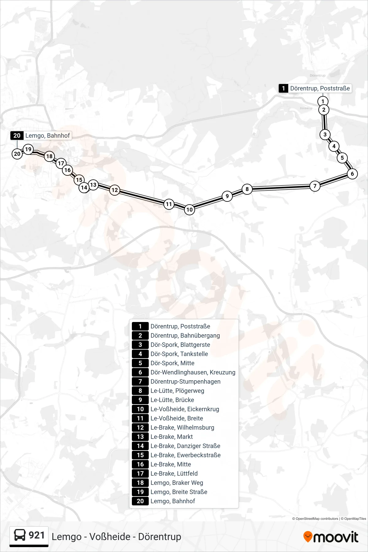 921 bus Line (Lemgo, Bahnhof Steig 5) route and stops on a map