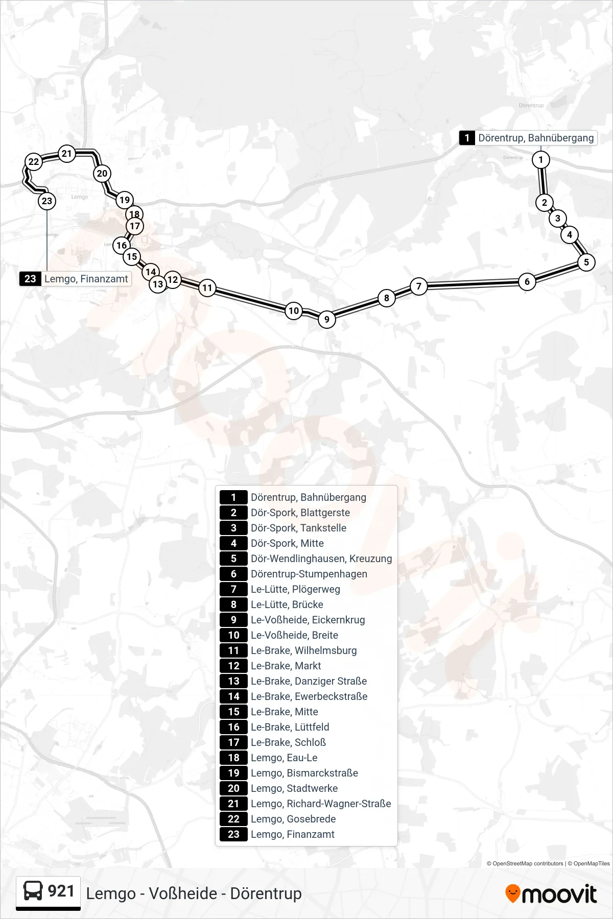 921 bus Line (Lemgo, Finanzamt) route and stops on a map