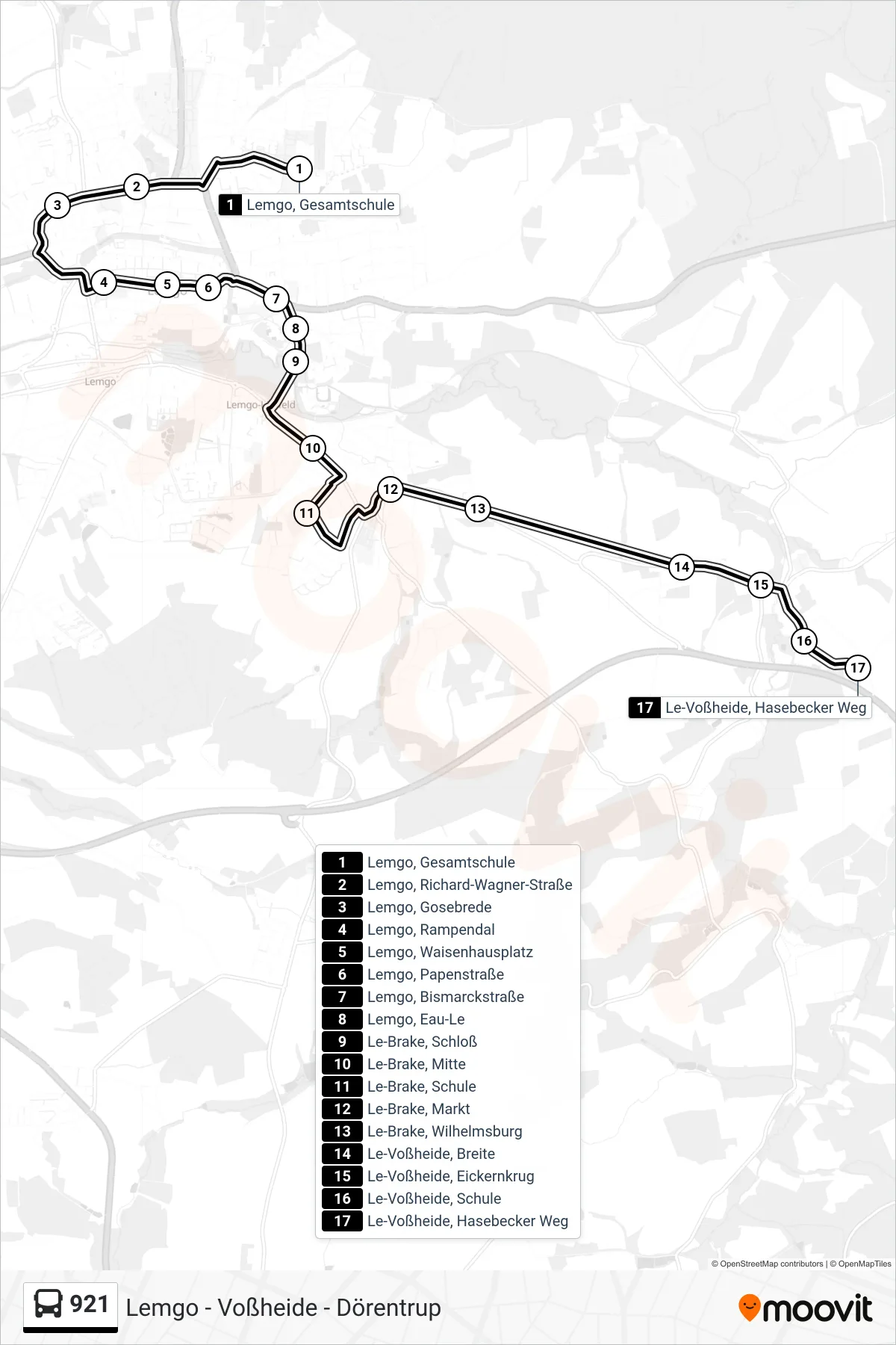 921 bus Line (Le-Voßheide, Hasebecker Weg) route and stops on a map