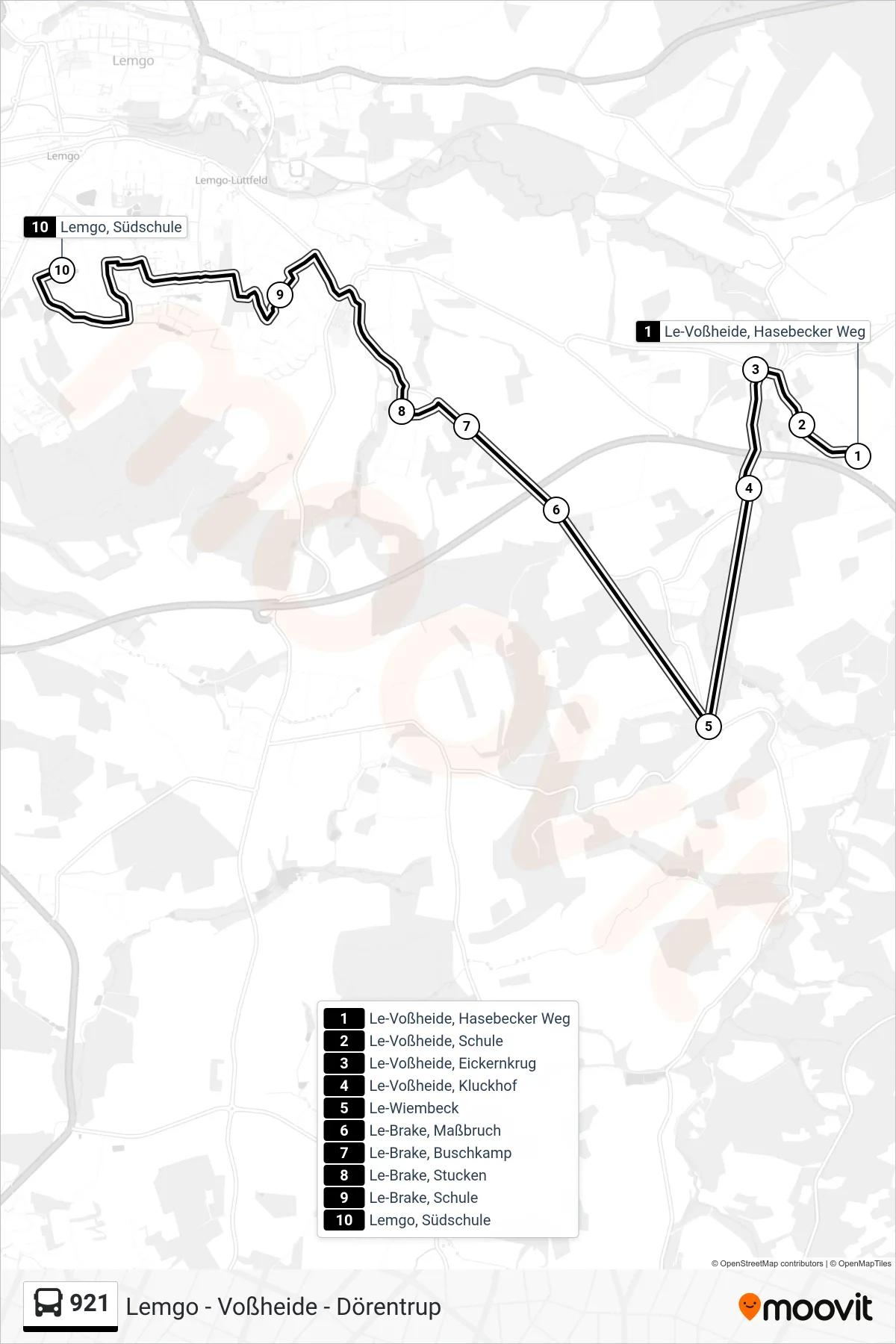 921 bus Line (Lemgo, Südschule) route and stops on a map