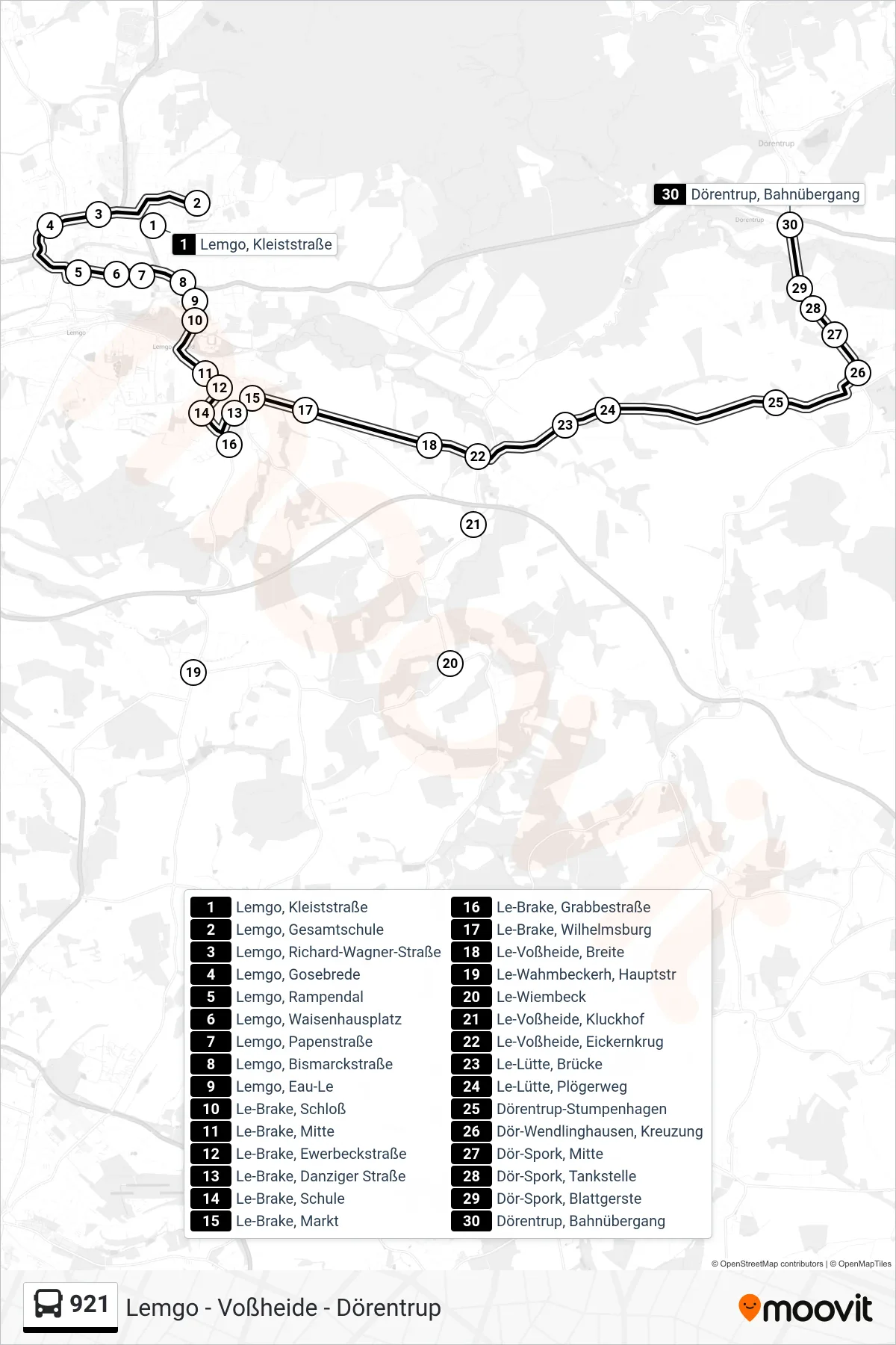 Linie 921 (Bus) Richtung Dörentrup, Bahnübergang: Route und Haltestellen auf der Karte