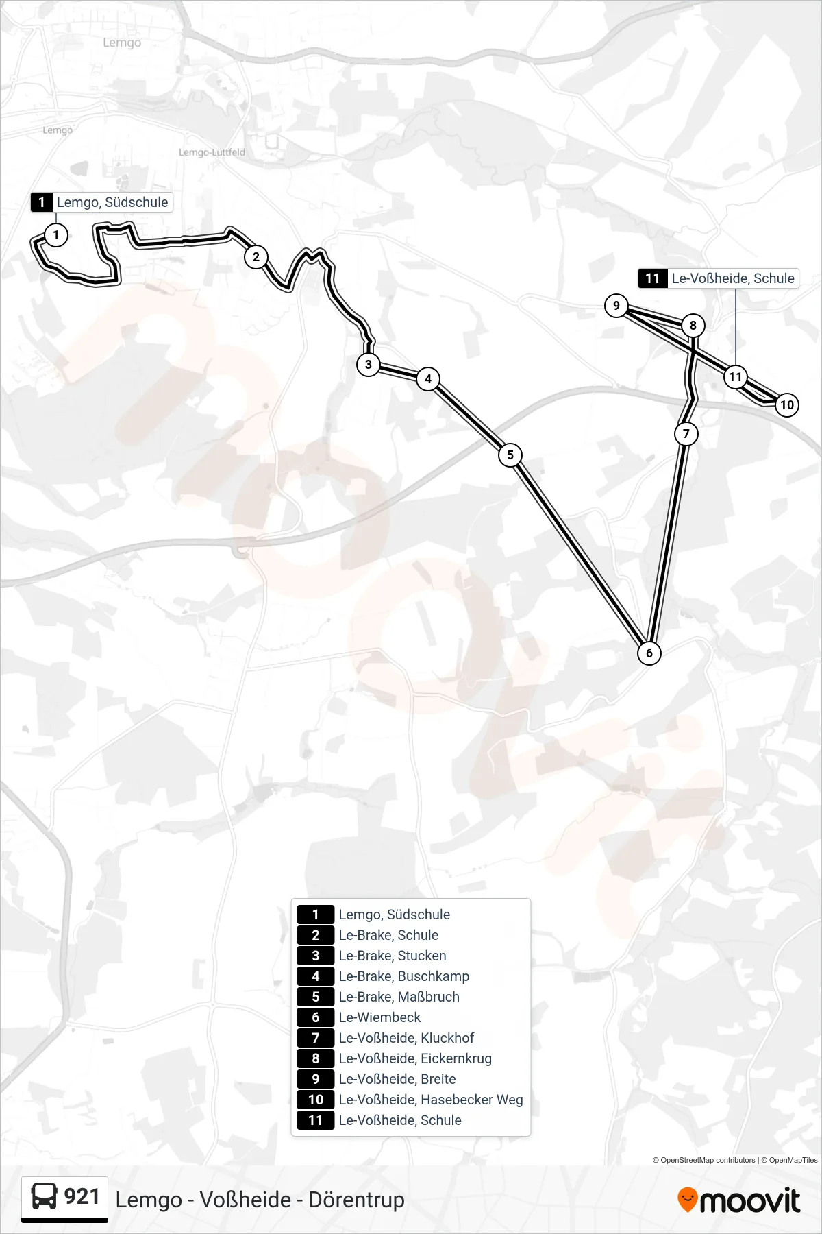 921 bus Line (Le-Voßheide, Schule) route and stops on a map