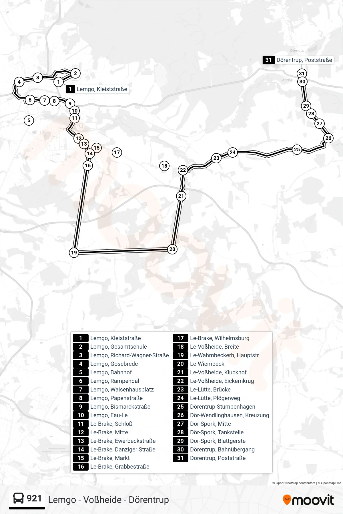 921 bus Line (Dörentrup, Poststraße) route and stops on a map