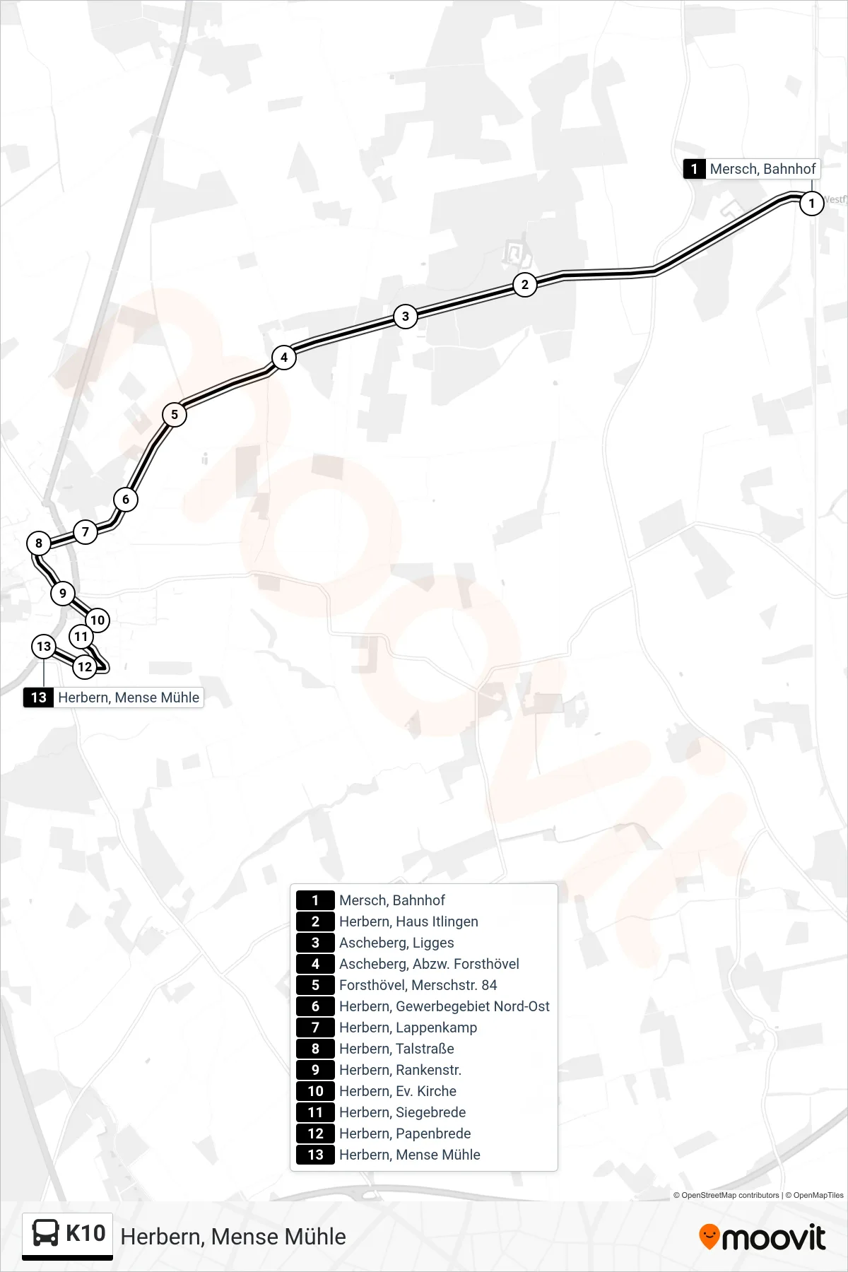 Linie K10 (Bus) Richtung Herbern, Mense Mühle: Route und Haltestellen auf der Karte