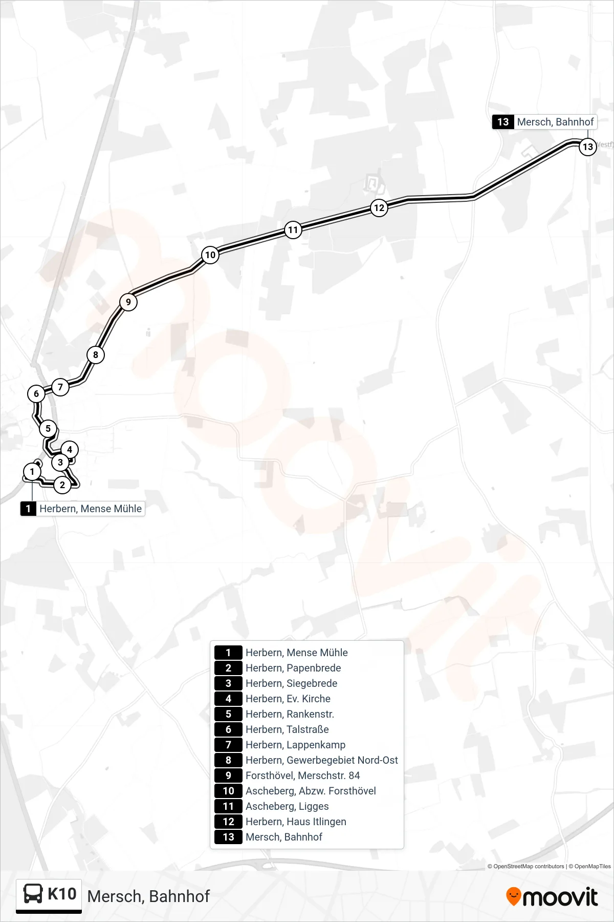 K10 bus Line (Mersch, Bahnhof) route and stops on a map