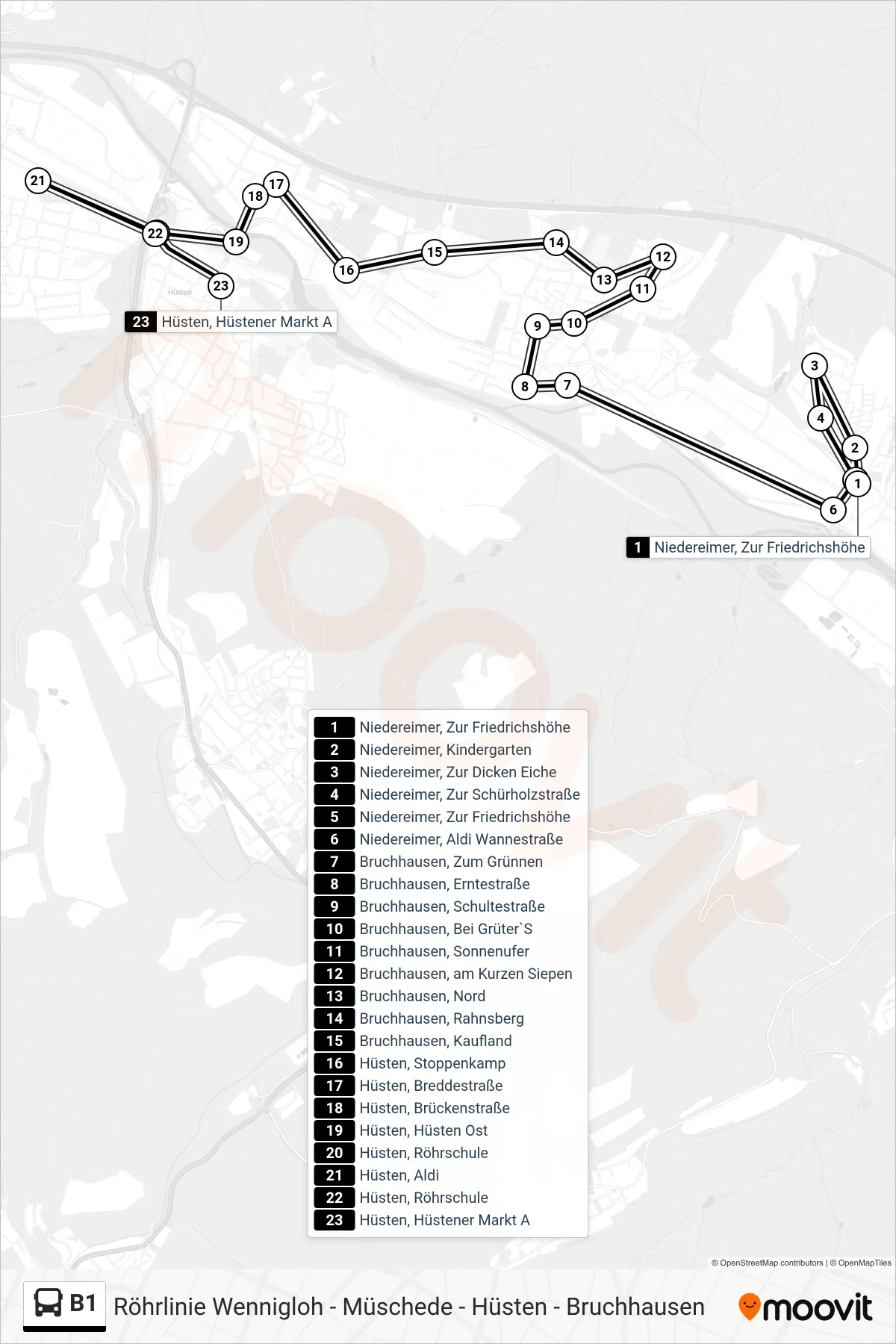 B1 bus Line (Hüsten, Hüstener Markt A) route and stops on a map