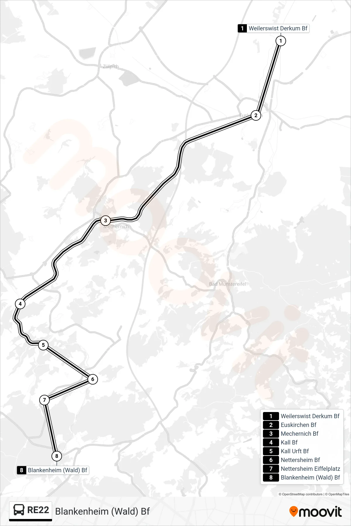 RE22 bus Line (Blankenheim (Wald) Bf) route and stops on a map