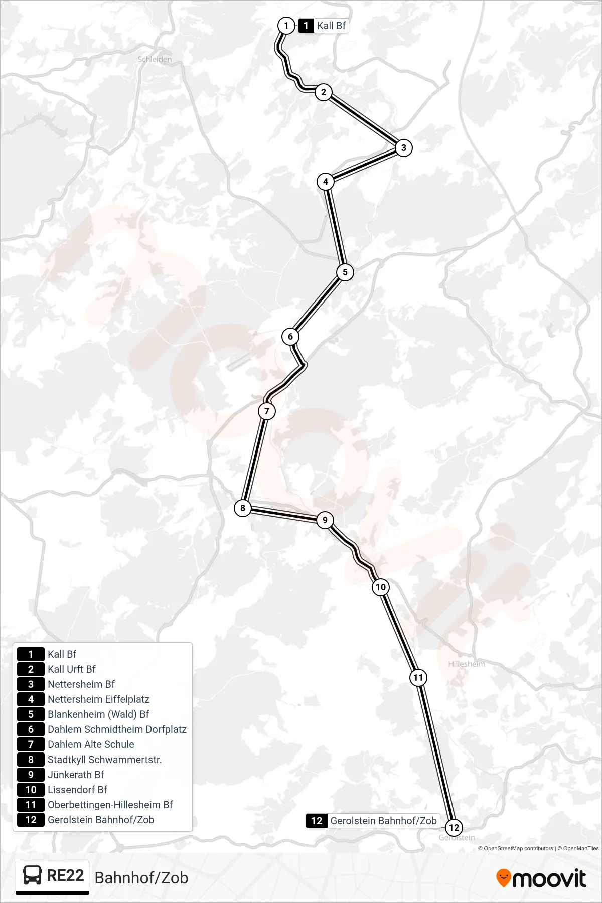 RE22 bus Line (Bahnhof/Zob) route and stops on a map