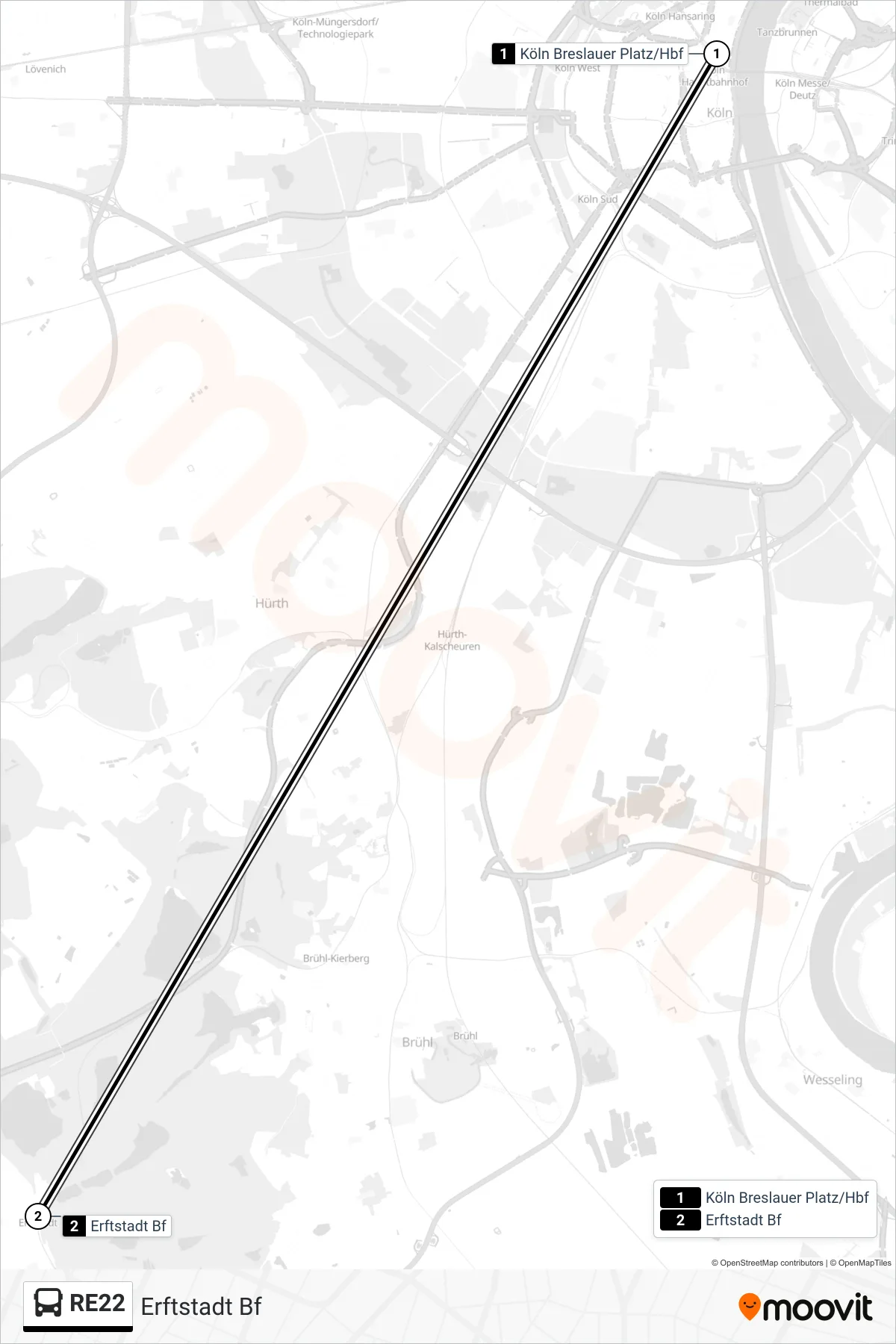 RE22 bus Line (Erftstadt Bf) route and stops on a map
