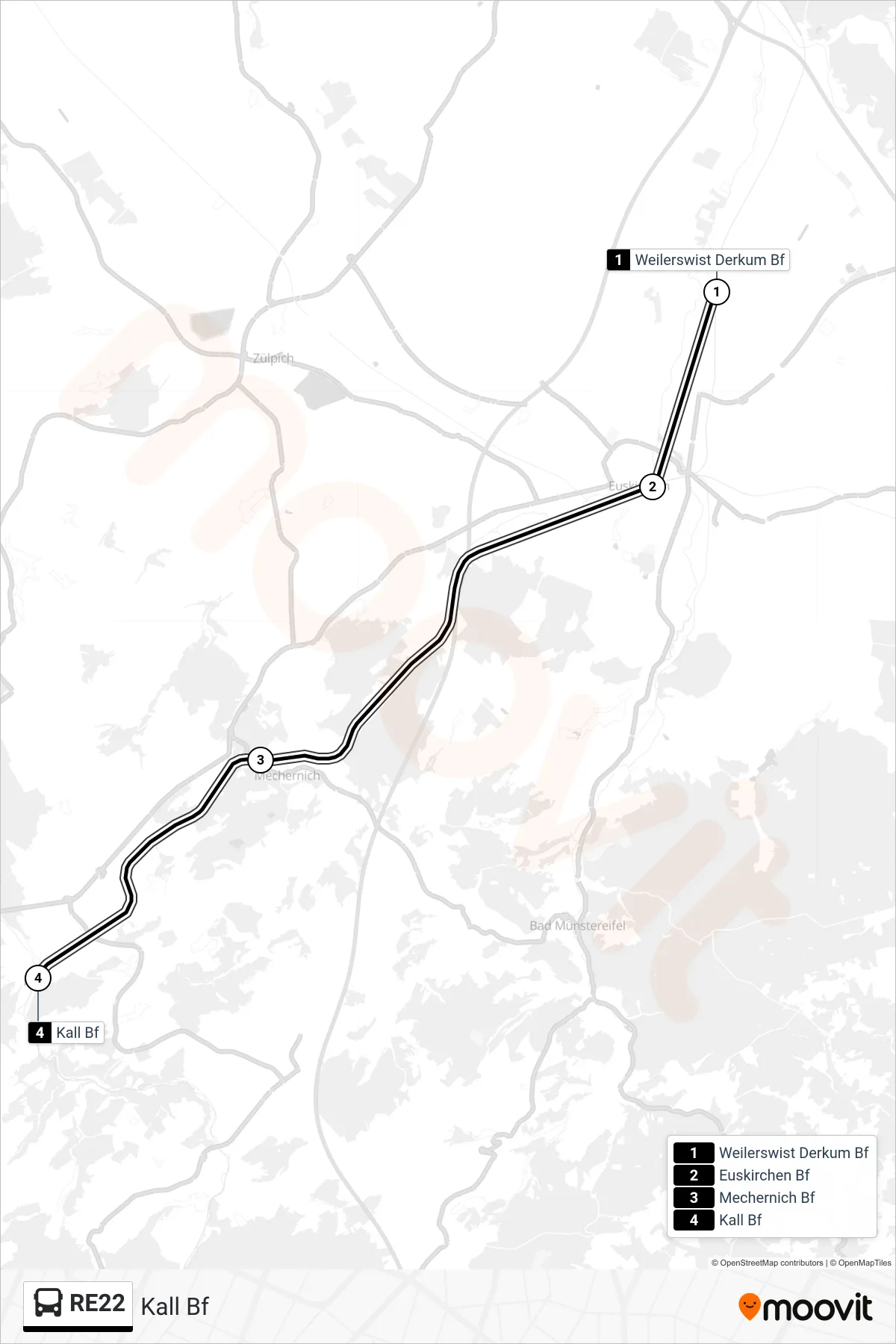 RE22 bus Line (Kall Bf) route and stops on a map