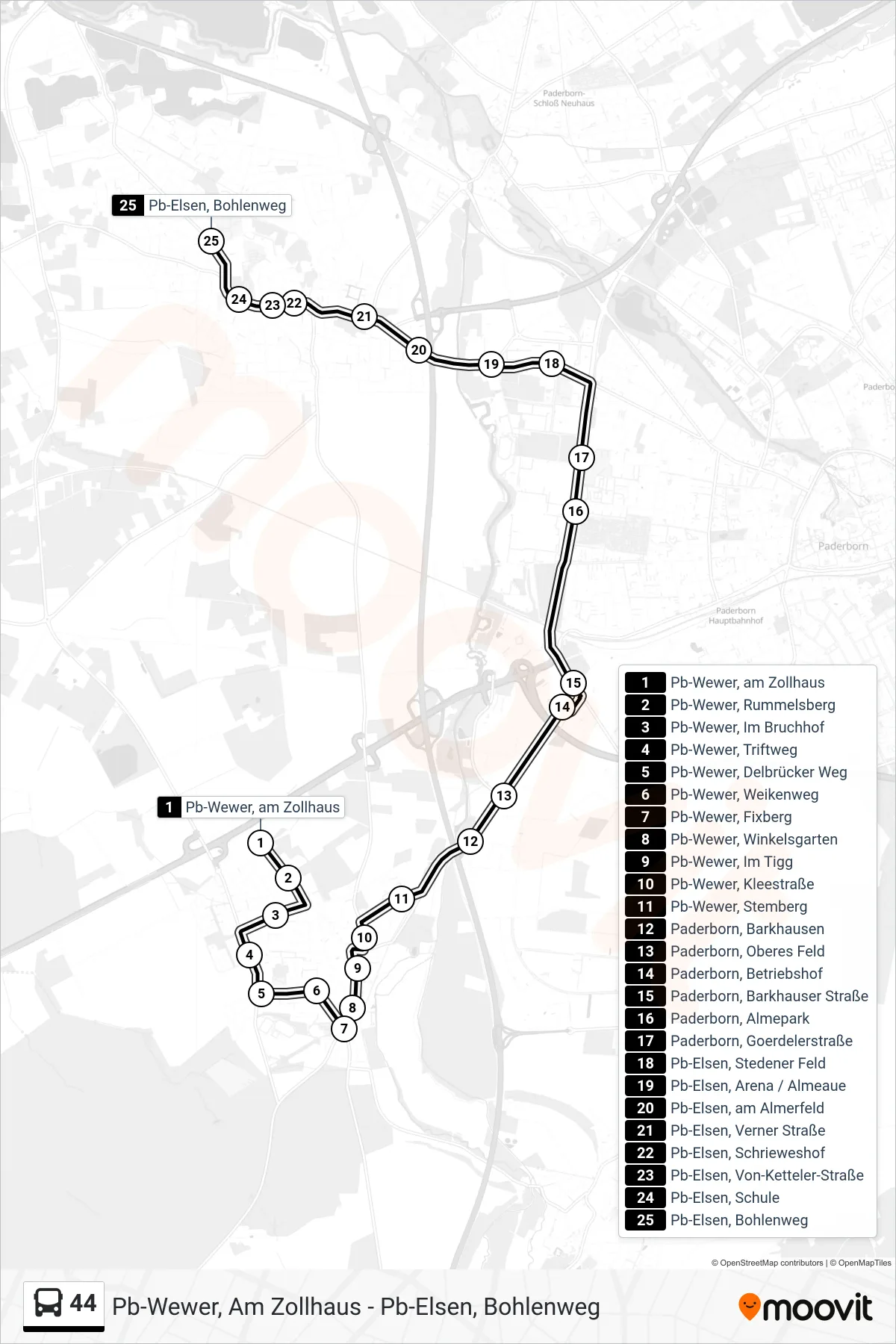 Linie 44 (Bus) Richtung Pb-Elsen, Bohlenweg: Route und Haltestellen auf der Karte