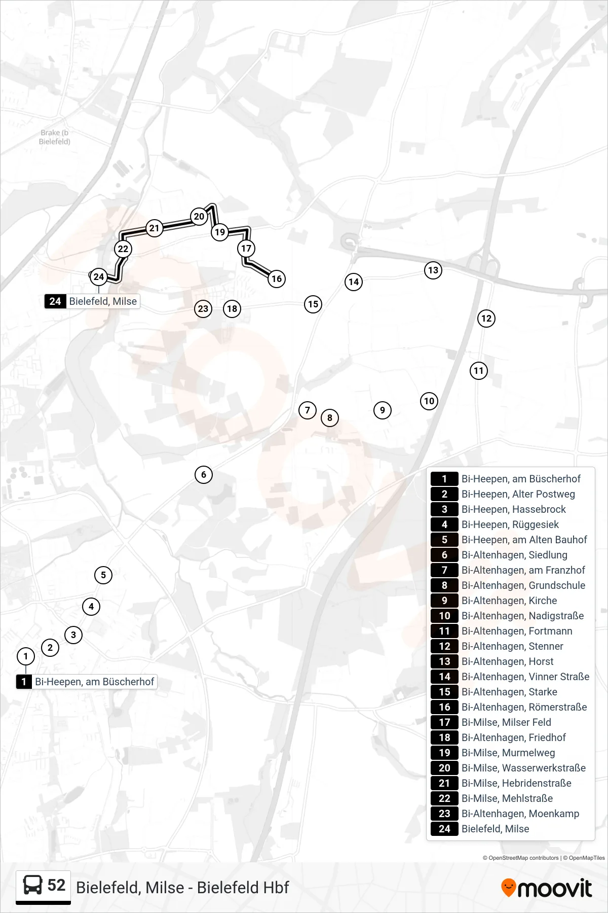 Linie 52 (Bus) Richtung Bielefeld, Milse: Route und Haltestellen auf der Karte