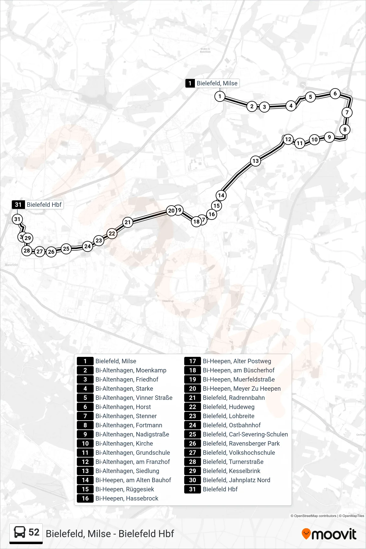 Linie 52 (Bus) Richtung Bielefeld Hbf: Route und Haltestellen auf der Karte