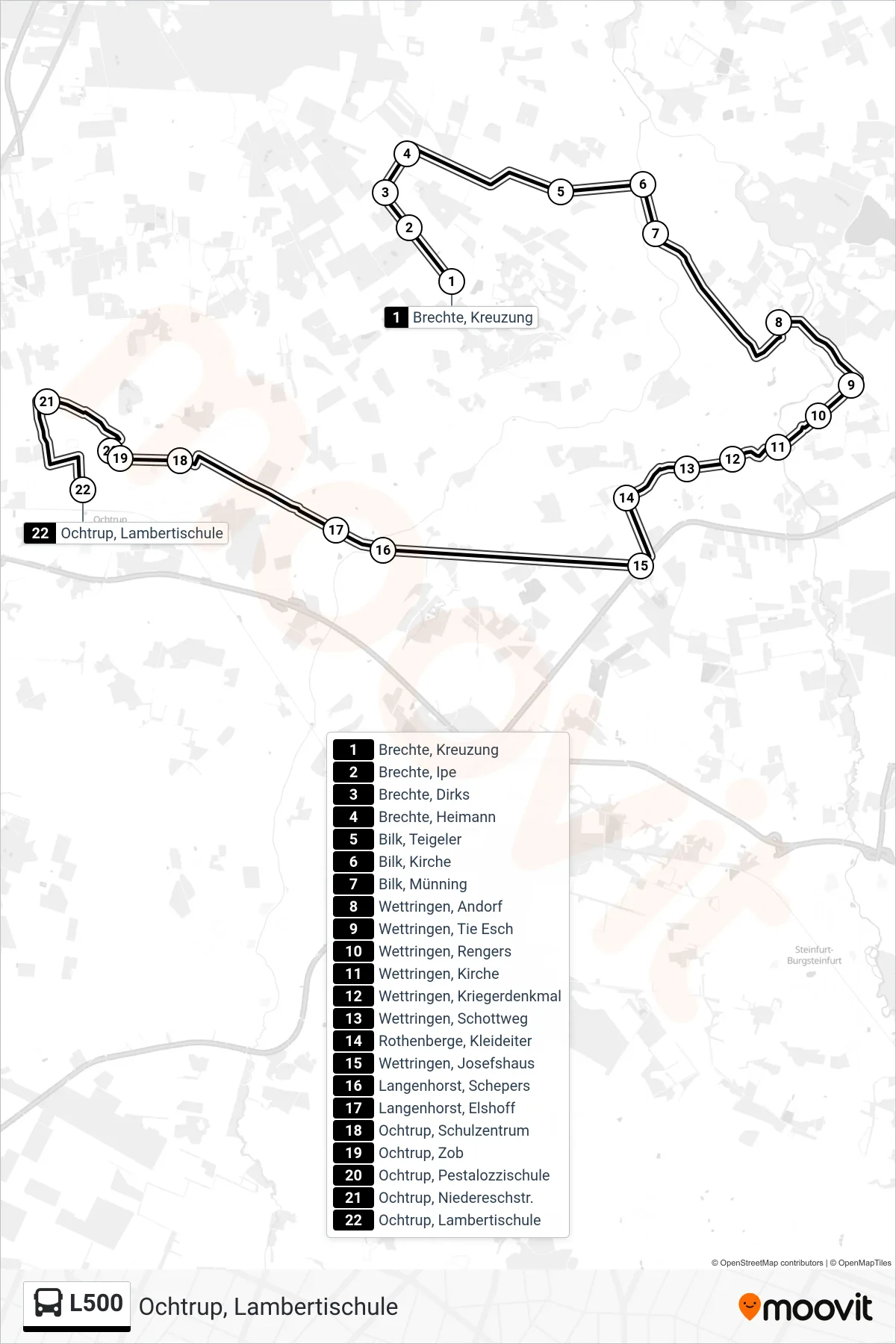 L500 bus Line (Ochtrup, Lambertischule) route and stops on a map