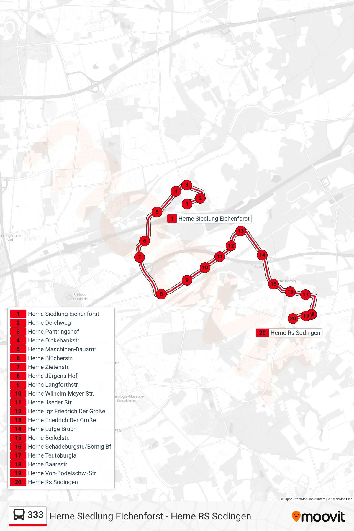 Linie 333 (Bus) Richtung Herne Rs Sodingen: Route und Haltestellen auf der Karte