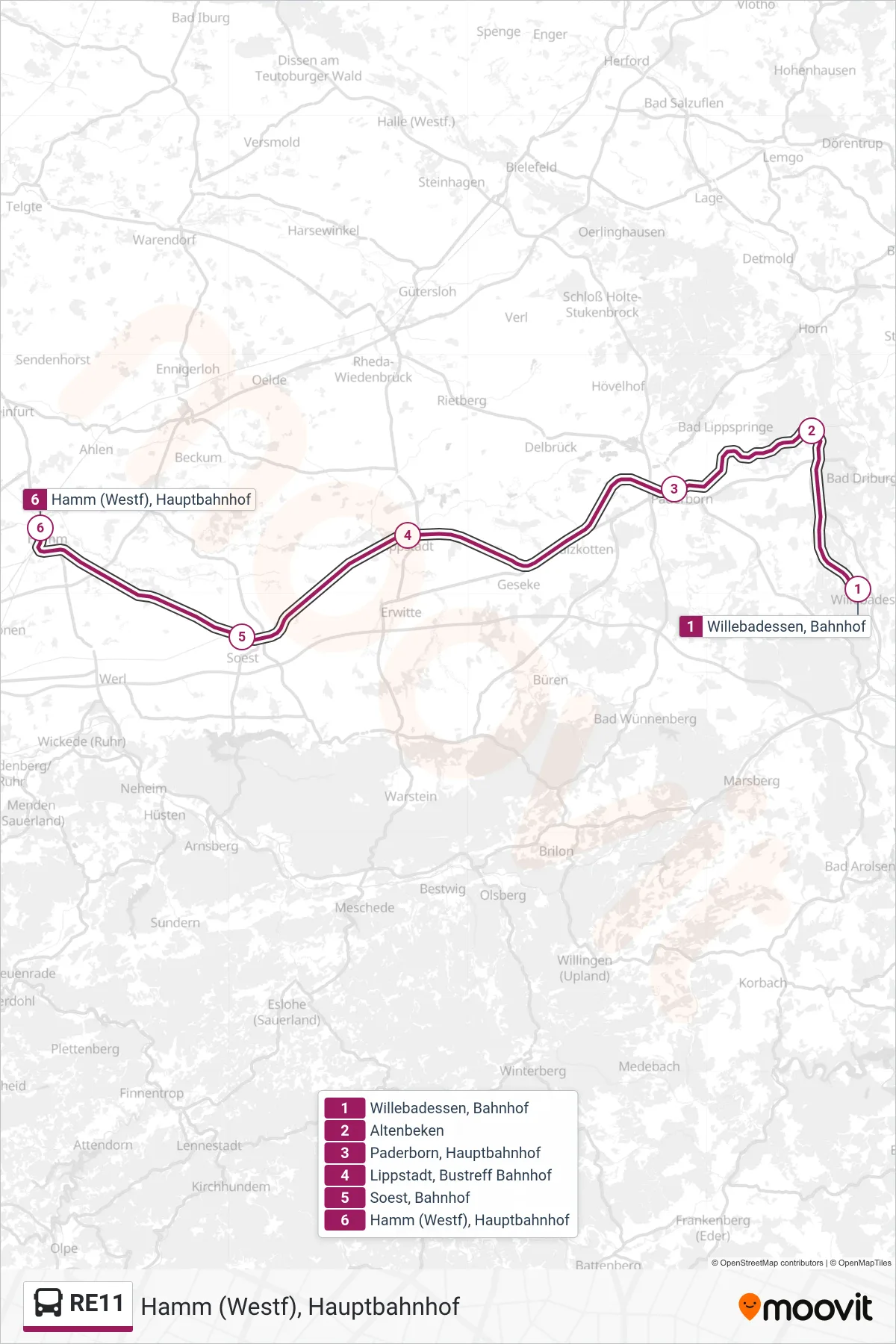 RE11 bus Line (Hamm (Westf), Hauptbahnhof) route and stops on a map
