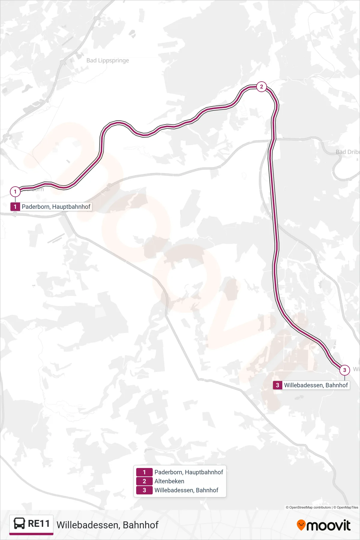 RE11 bus Line (Willebadessen, Bahnhof) route and stops on a map