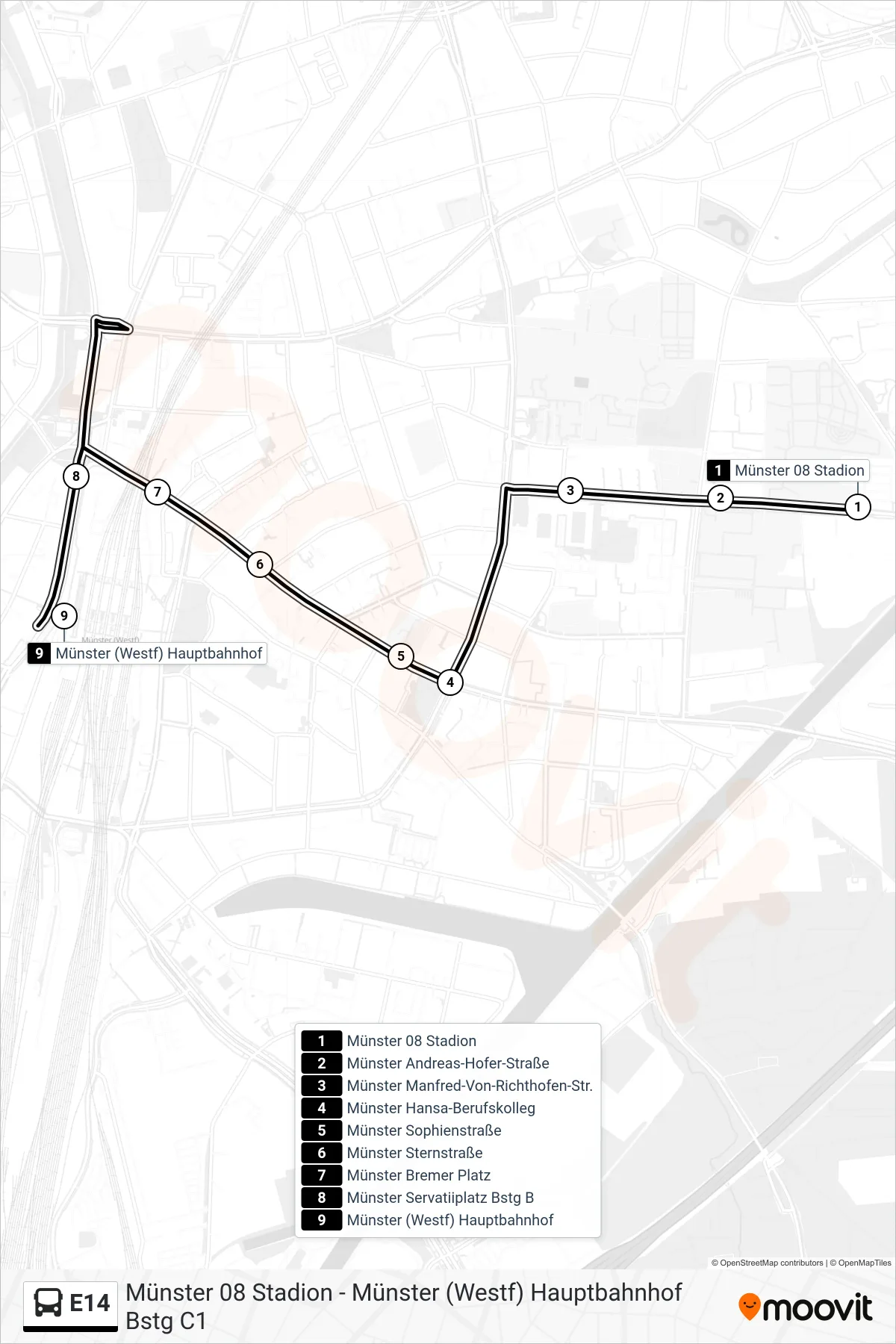Linie E14 (Bus) Richtung Hauptbahnhof: Route und Haltestellen auf der Karte