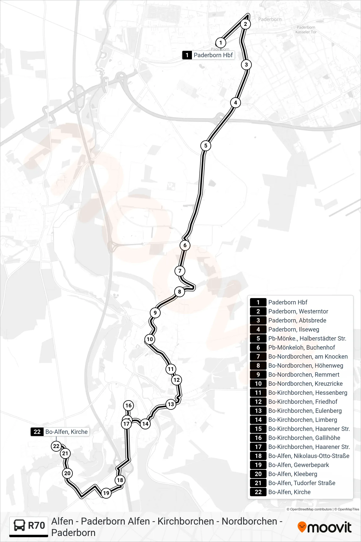 R70 bus Line (Bo-Alfen, Kirche) route and stops on a map