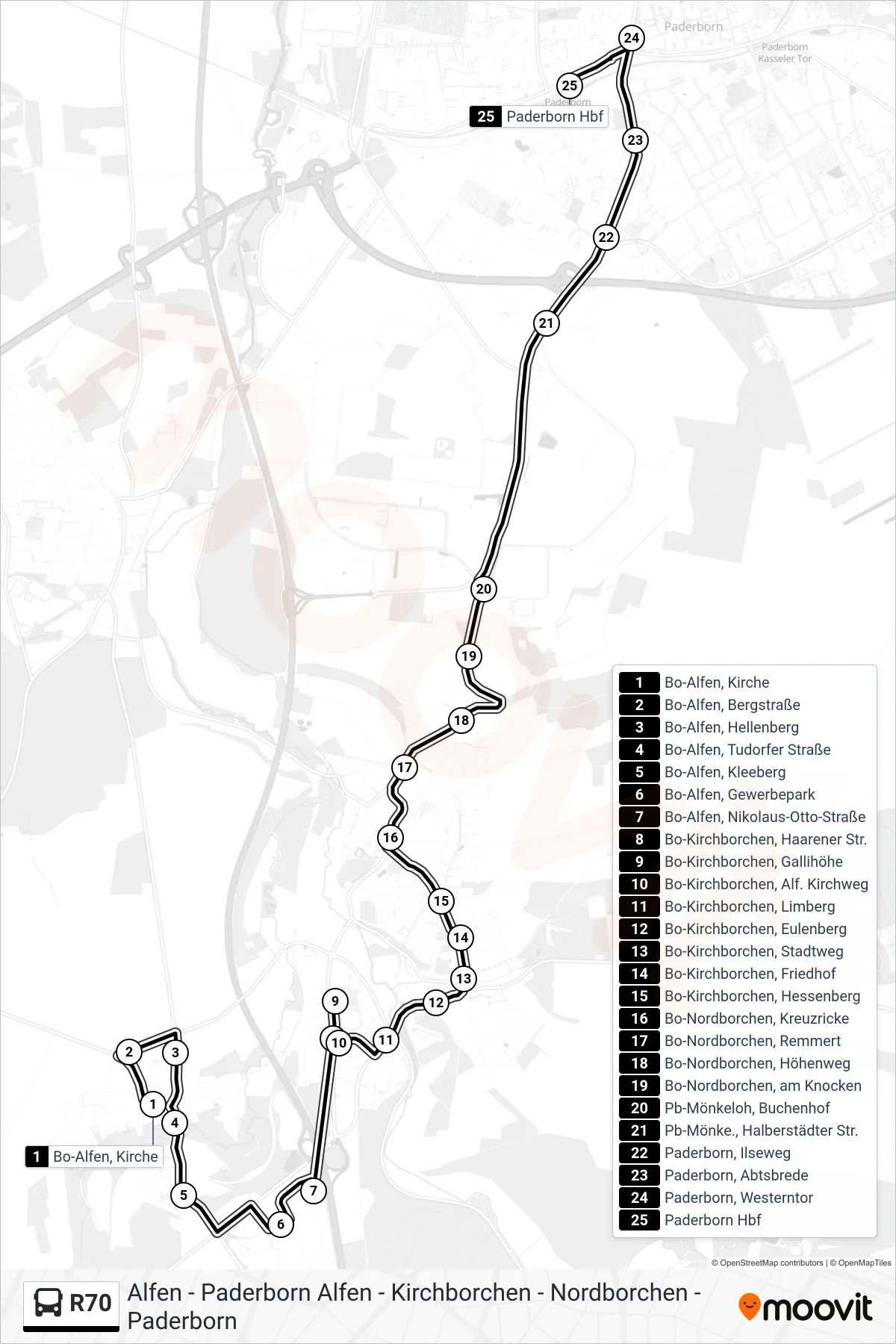 R70 bus Line (Paderborn Hbf Bstg B) route and stops on a map