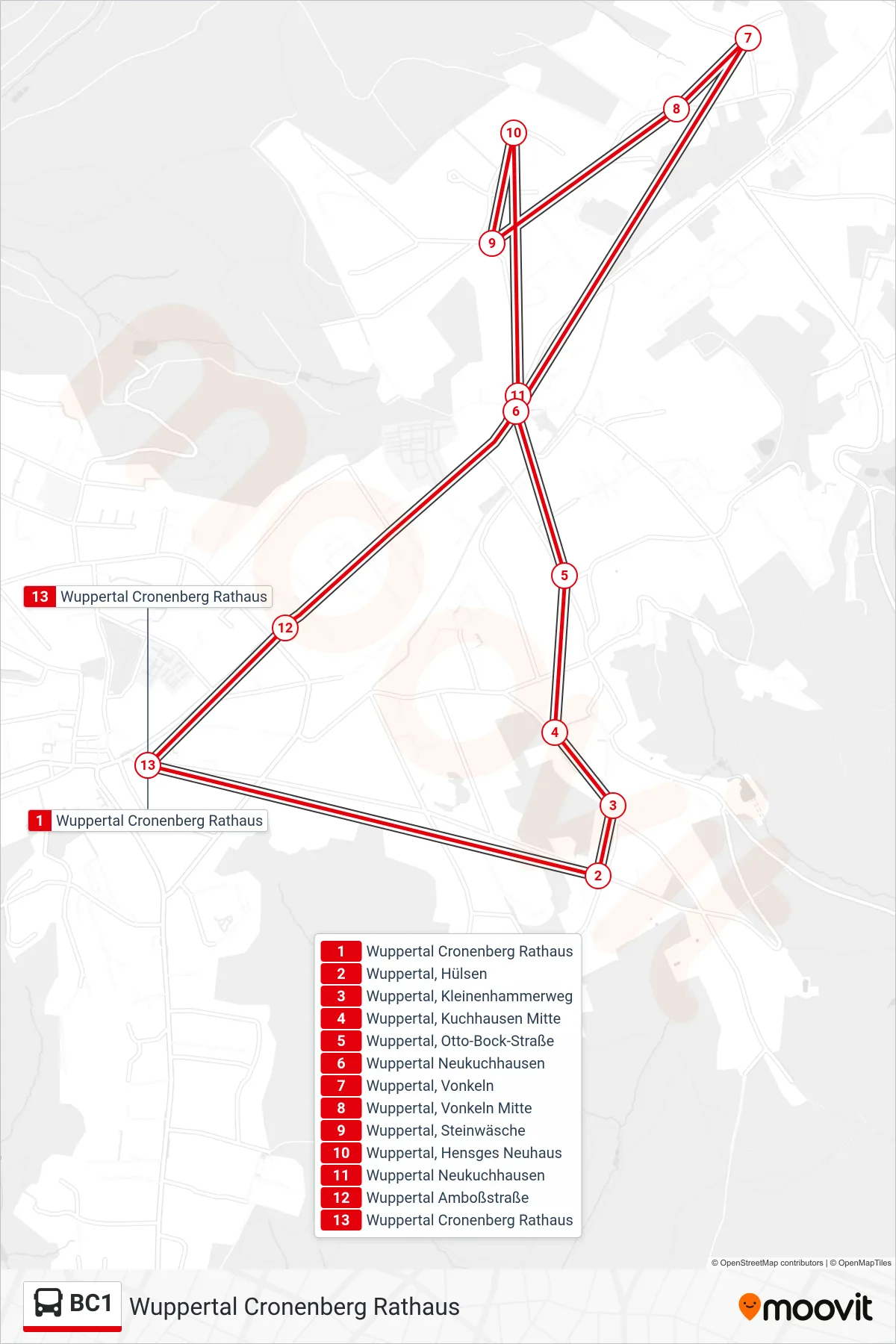 Linie BC1 (Bus) Richtung Wuppertal Cronenberg Rathaus: Route und Haltestellen auf der Karte