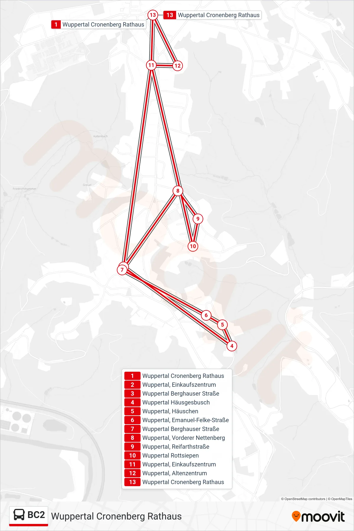 Linie BC2 (Bus) Richtung Wuppertal Cronenberg Rathaus: Route und Haltestellen auf der Karte
