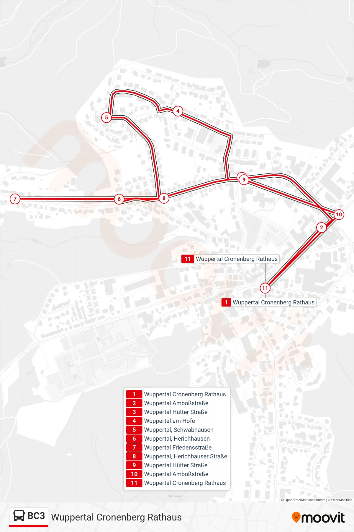 Linie BC3 (Bus) Richtung Wuppertal Cronenberg Rathaus: Route und Haltestellen auf der Karte