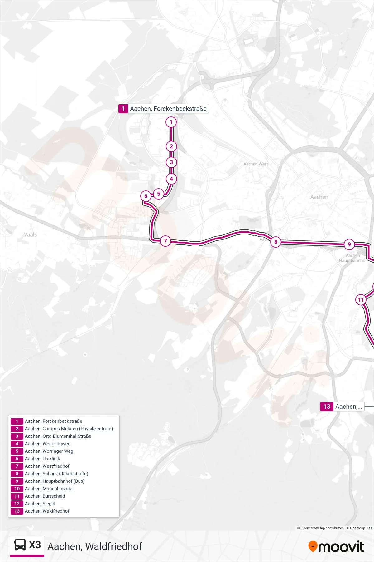Linie X3 (Bus) Richtung Aachen, Waldfriedhof: Route und Haltestellen auf der Karte