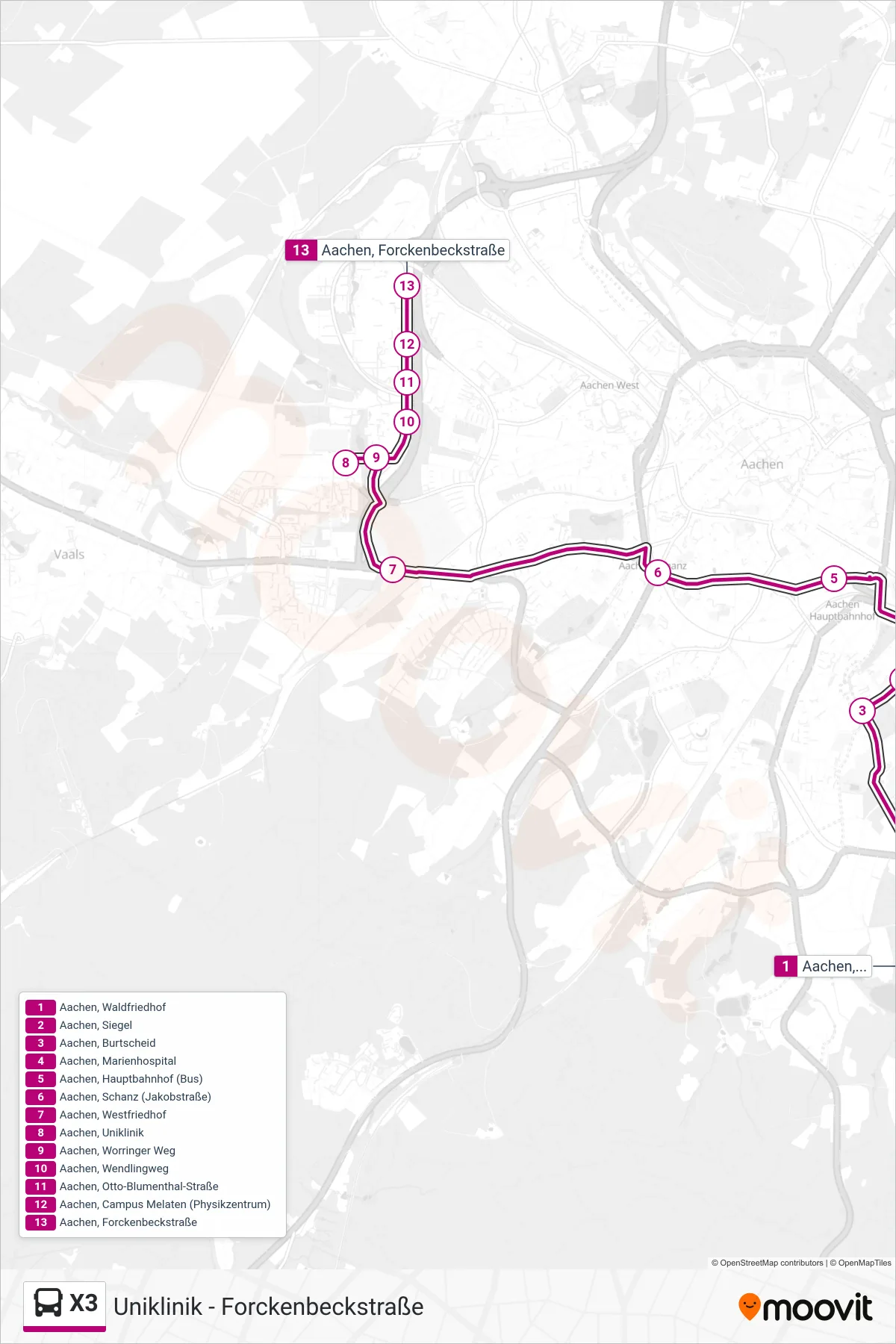 Linie X3 (Bus) Richtung Uniklinik - Forckenbeckstraße: Route und Haltestellen auf der Karte