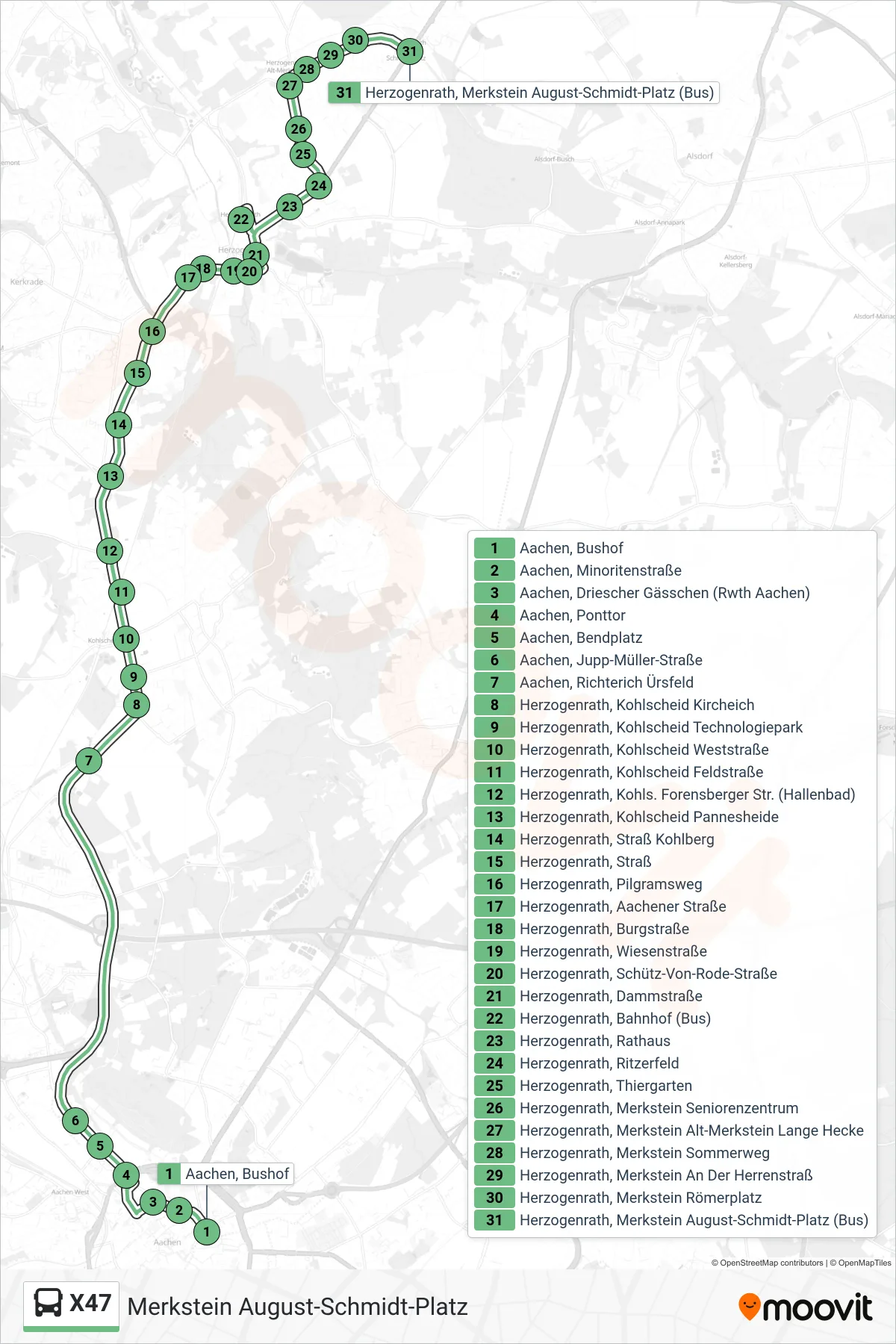 Linie X47 (Bus) Richtung Merkstein August-Schmidt-Platz: Route und Haltestellen auf der Karte
