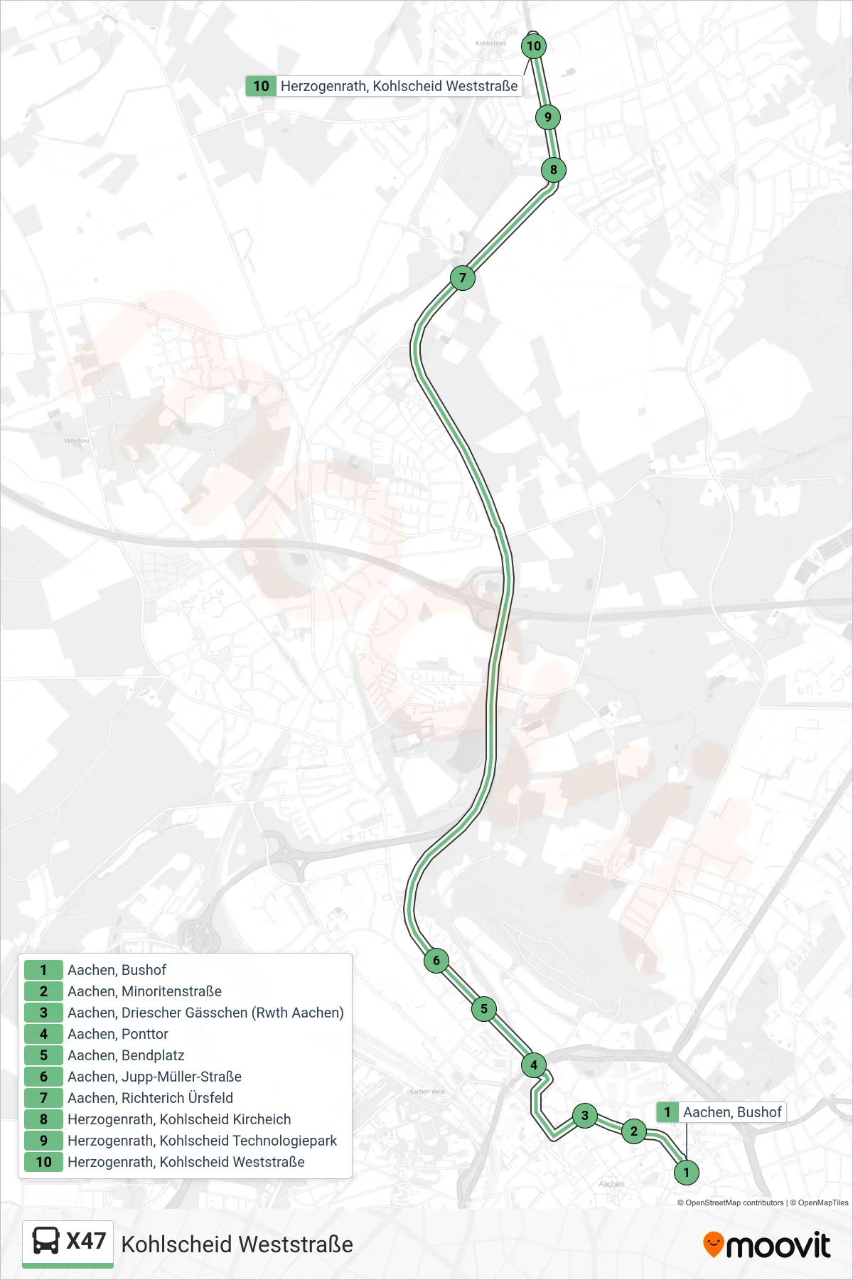Linie X47 (Bus) Richtung Kohlscheid Weststraße: Route und Haltestellen auf der Karte