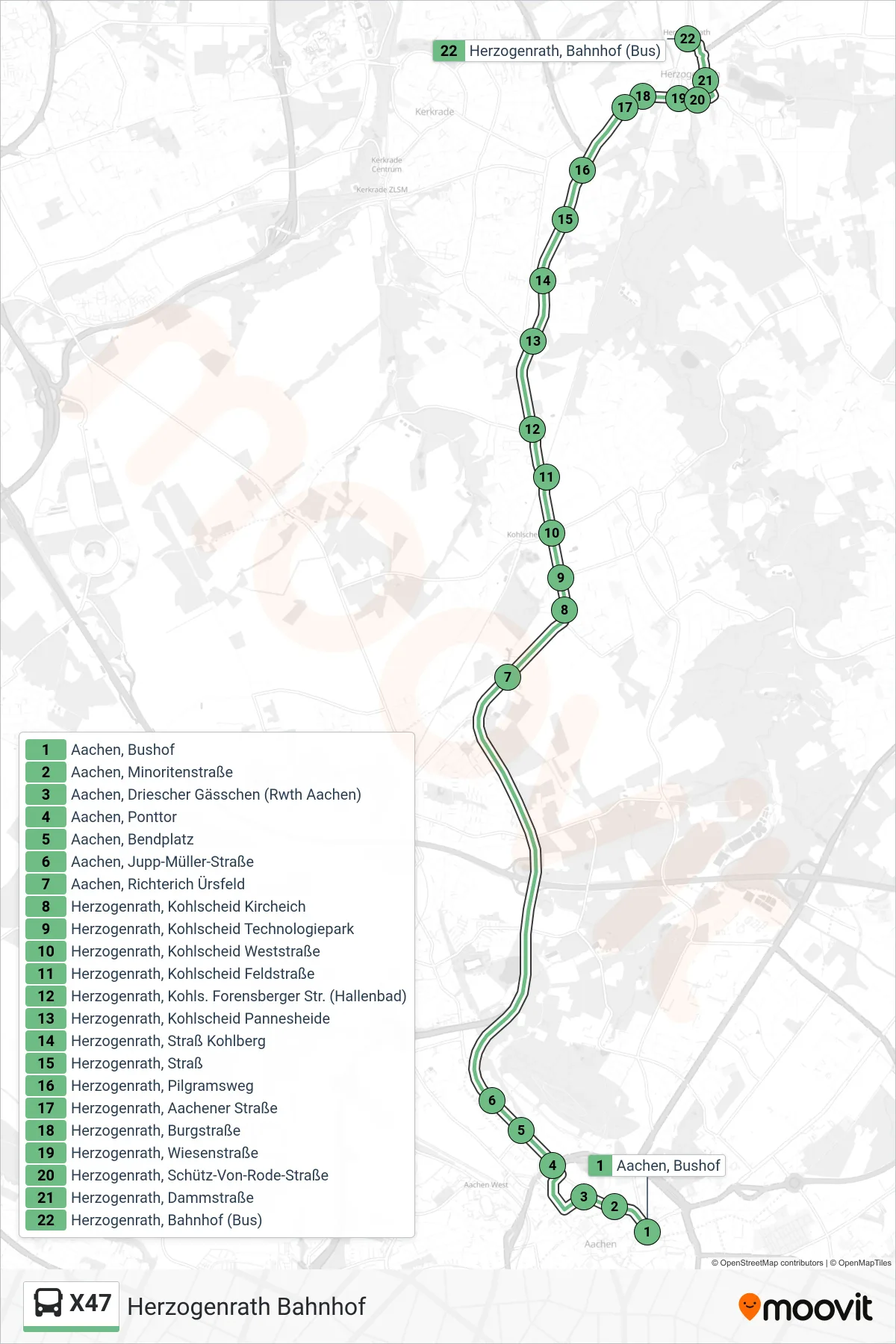Linie X47 (Bus) Richtung Herzogenrath Bahnhof: Route und Haltestellen auf der Karte