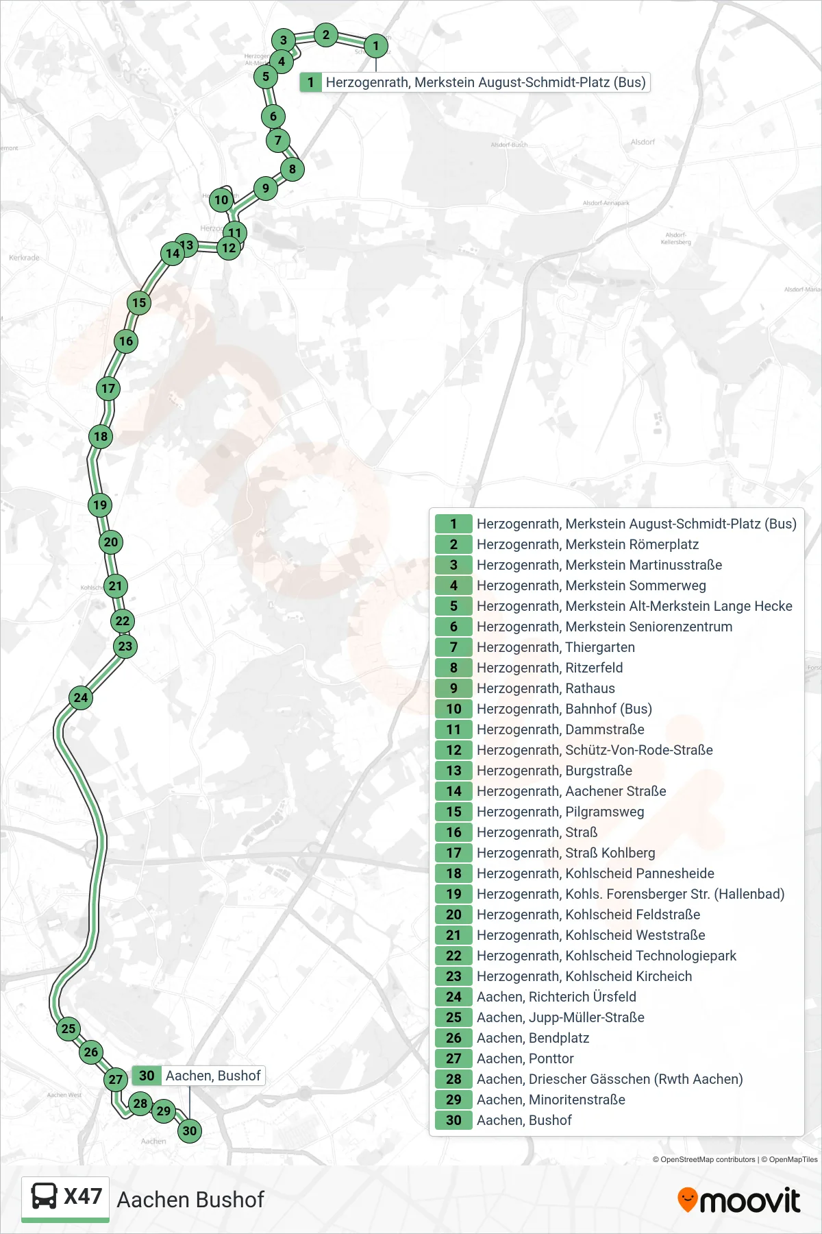 Linie X47 (Bus) Richtung Aachen Bushof: Route und Haltestellen auf der Karte