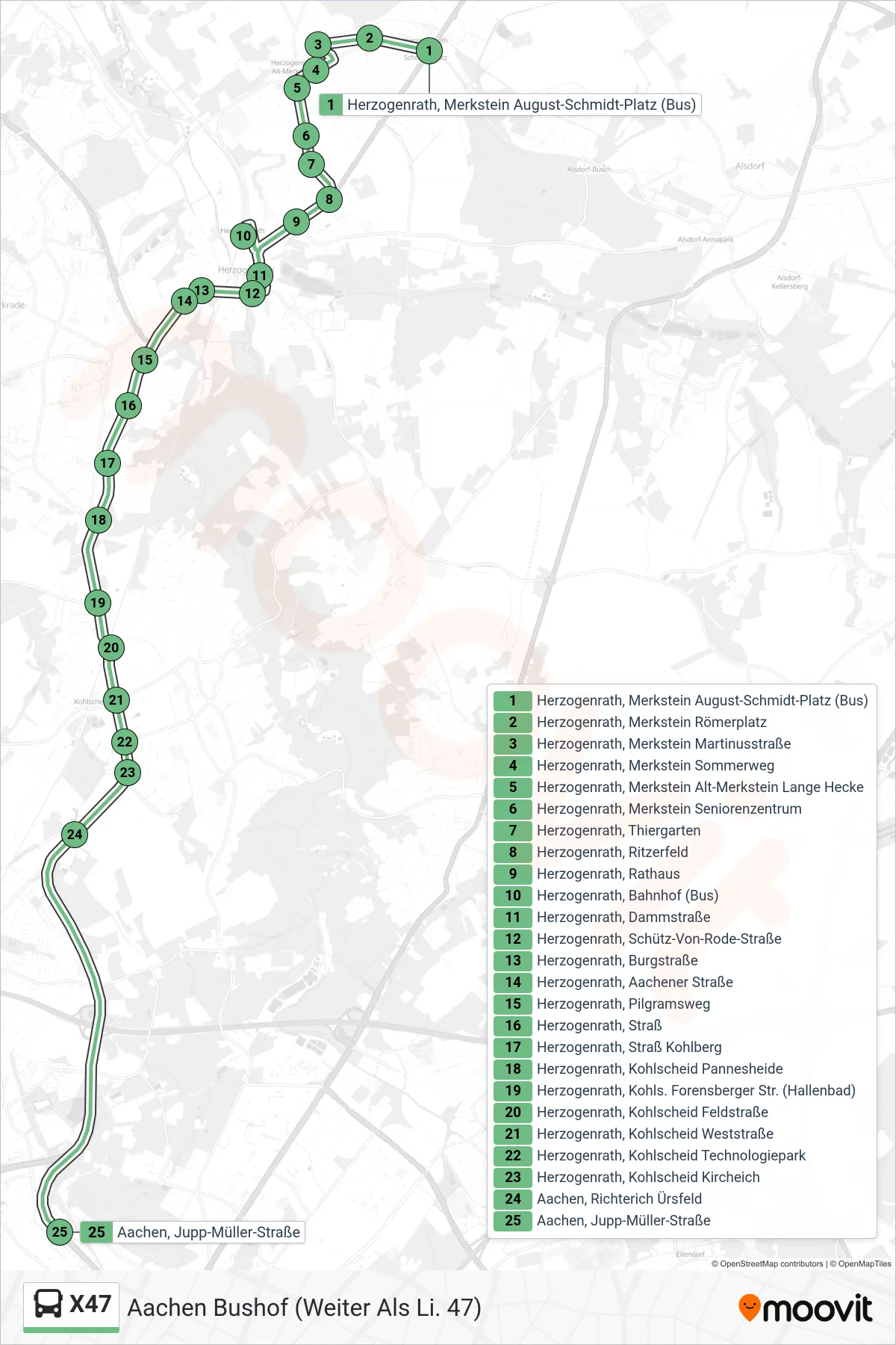 X47 bus Line (Aachen Bushof (Weiter Als Li. 47)) route and stops on a map