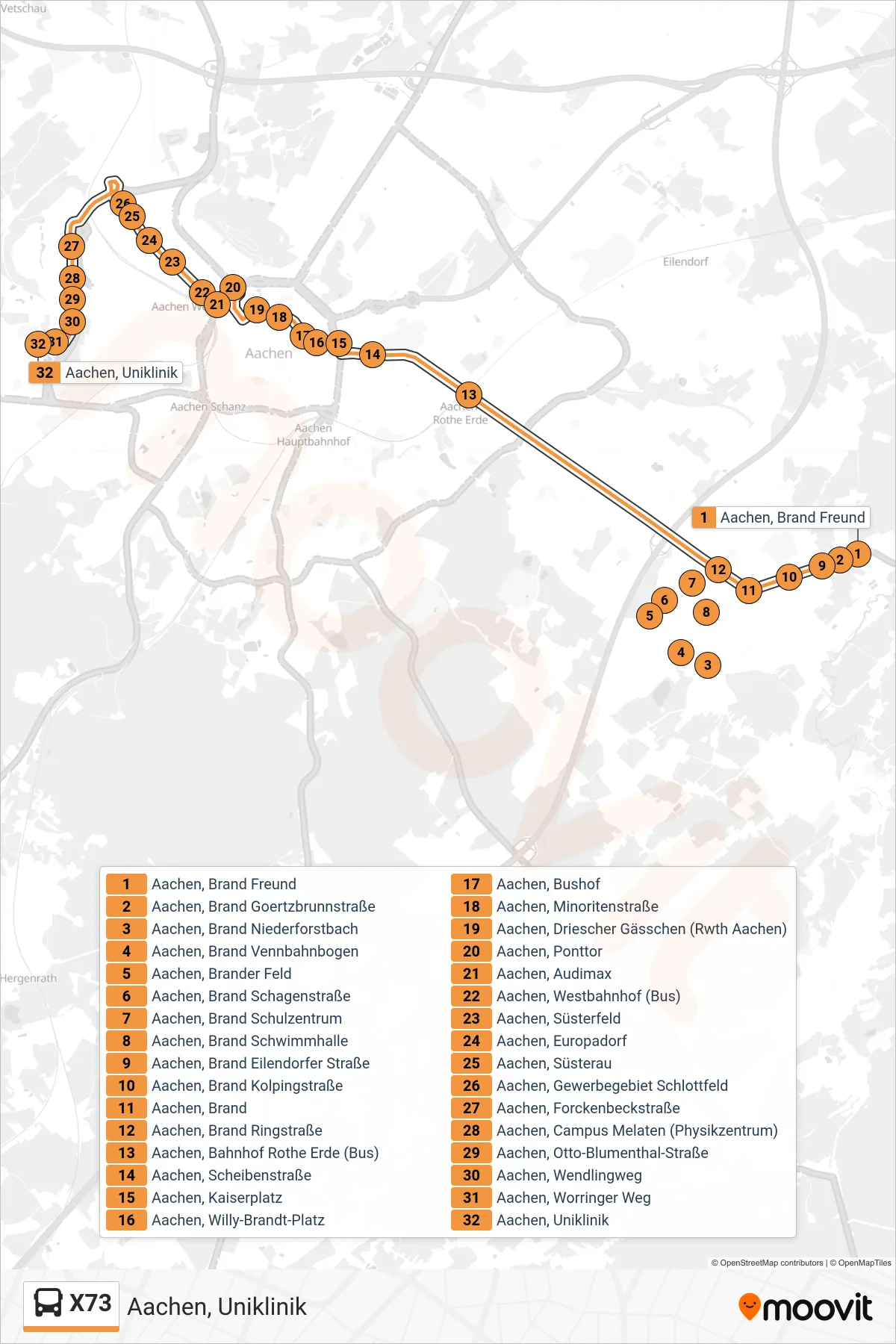 X73 bus Line (Aachen, Uniklinik) route and stops on a map