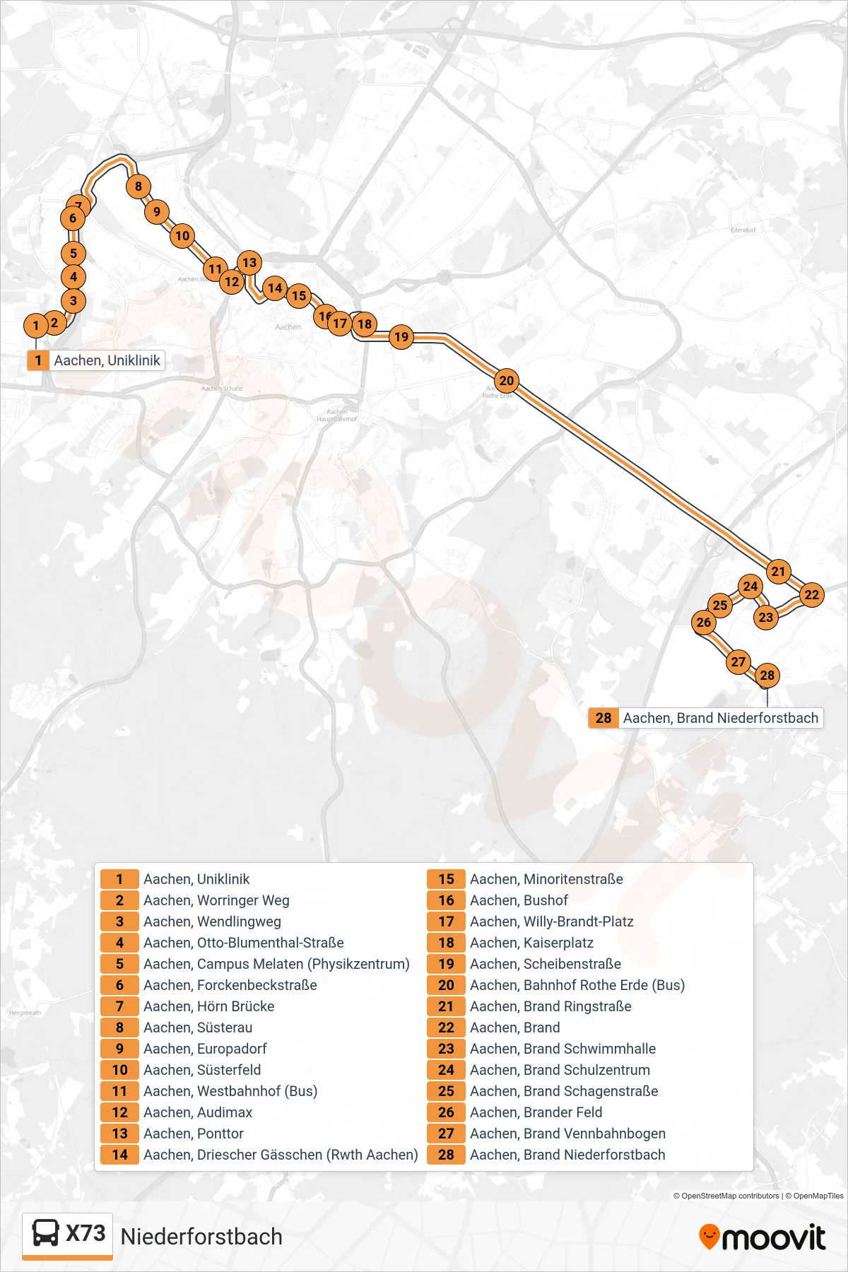 Linie X73 (Bus) Richtung Niederforstbach: Route und Haltestellen auf der Karte