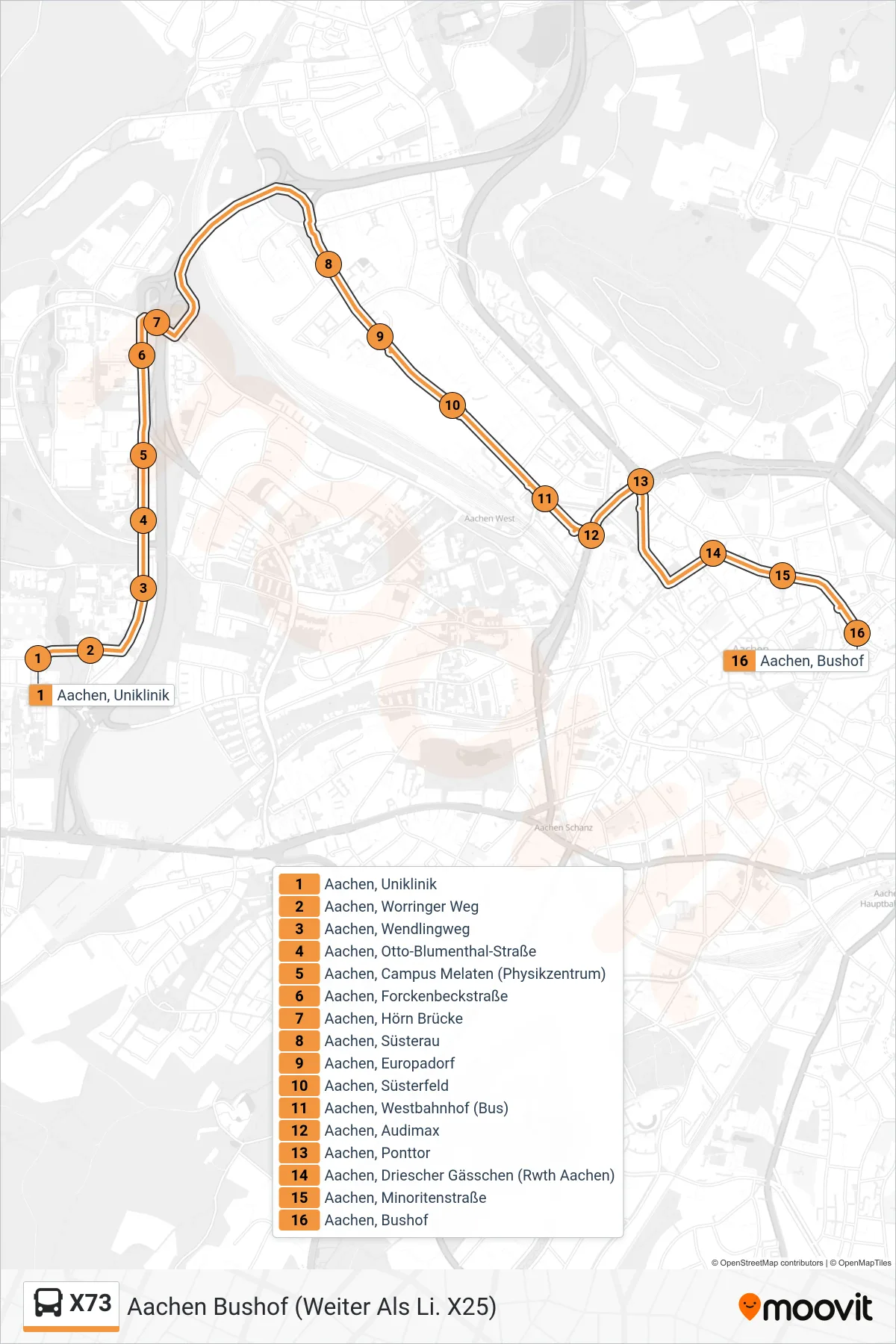 Linie X73 (Bus) Richtung Aachen Bushof (Weiter Als Li. X25): Route und Haltestellen auf der Karte