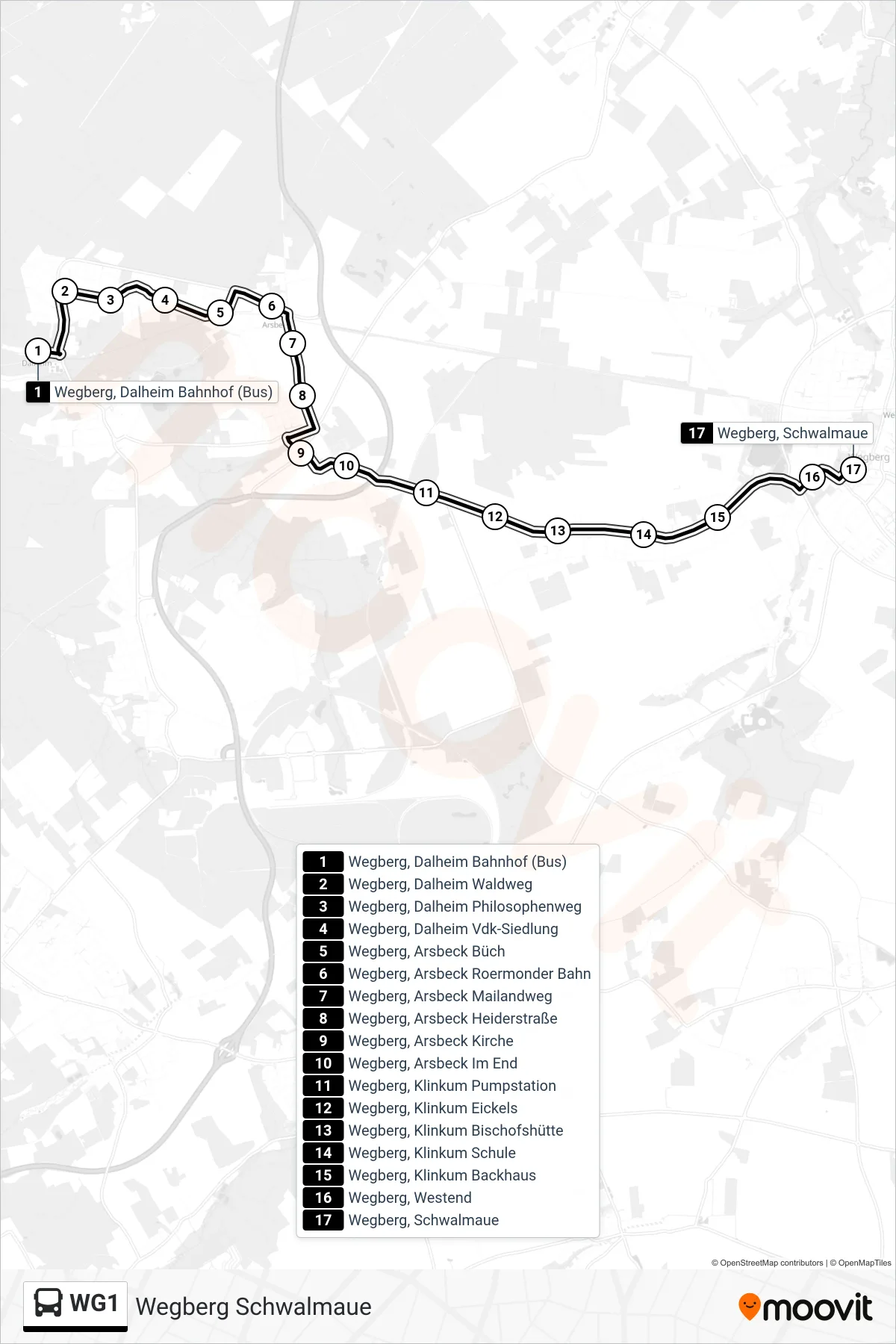 WG1 bus Line (Wegberg Schwalmaue) route and stops on a map