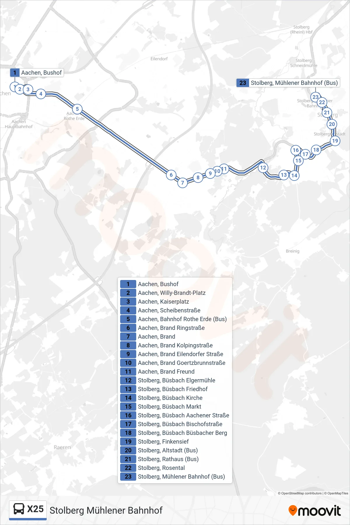 X25 bus Line (Stolberg Mühlener Bahnhof) route and stops on a map